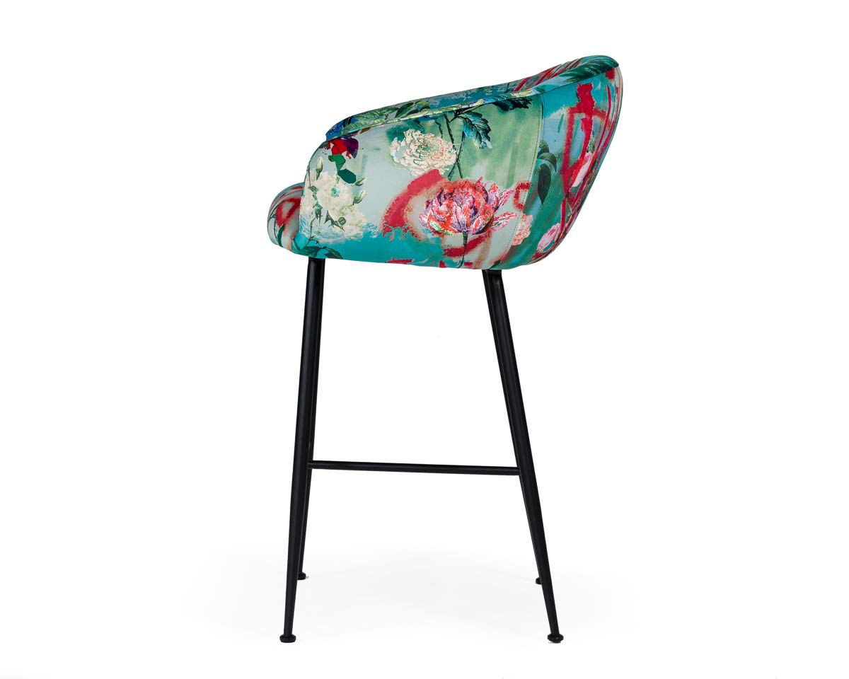 Alma Collection Modern Velvet Upholstered Bar Stool with Cast Iron Legs - Floral Pattern Black - Perfect for Kitchen Islands, Home Bars & Contemporary Dining Spaces