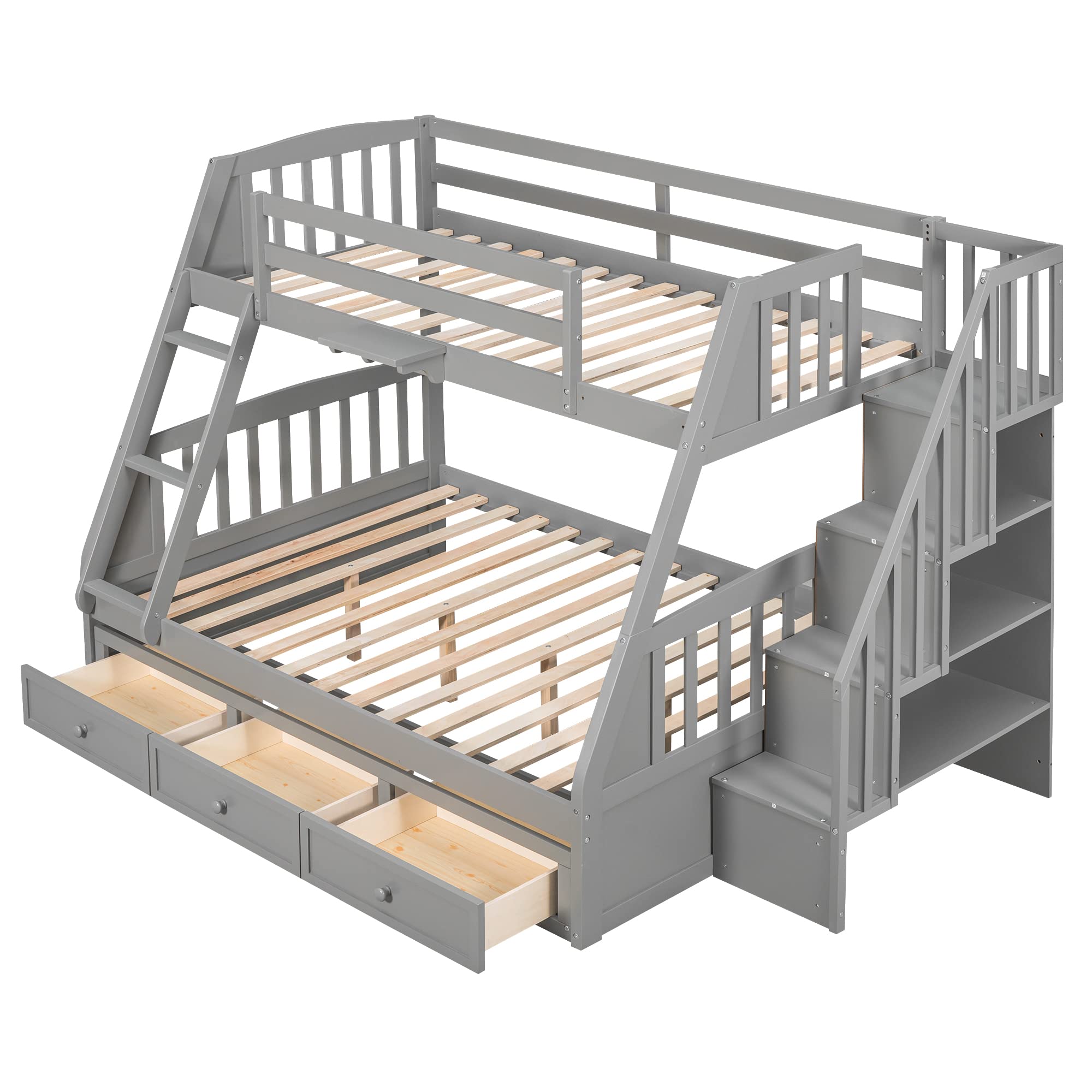 P PURLOVE Twin Over Full Bunk Bed with 3 Drawers & Storage Staircase - Convertible to 2 Separate Beds - Sturdy Wood Frame with Safety Guardrail - Space-Saving Kids Bedroom Furniture for Boys & Girls in Gray - Perfect for Small Rooms, Shared Bedrooms & Vacation Homes
