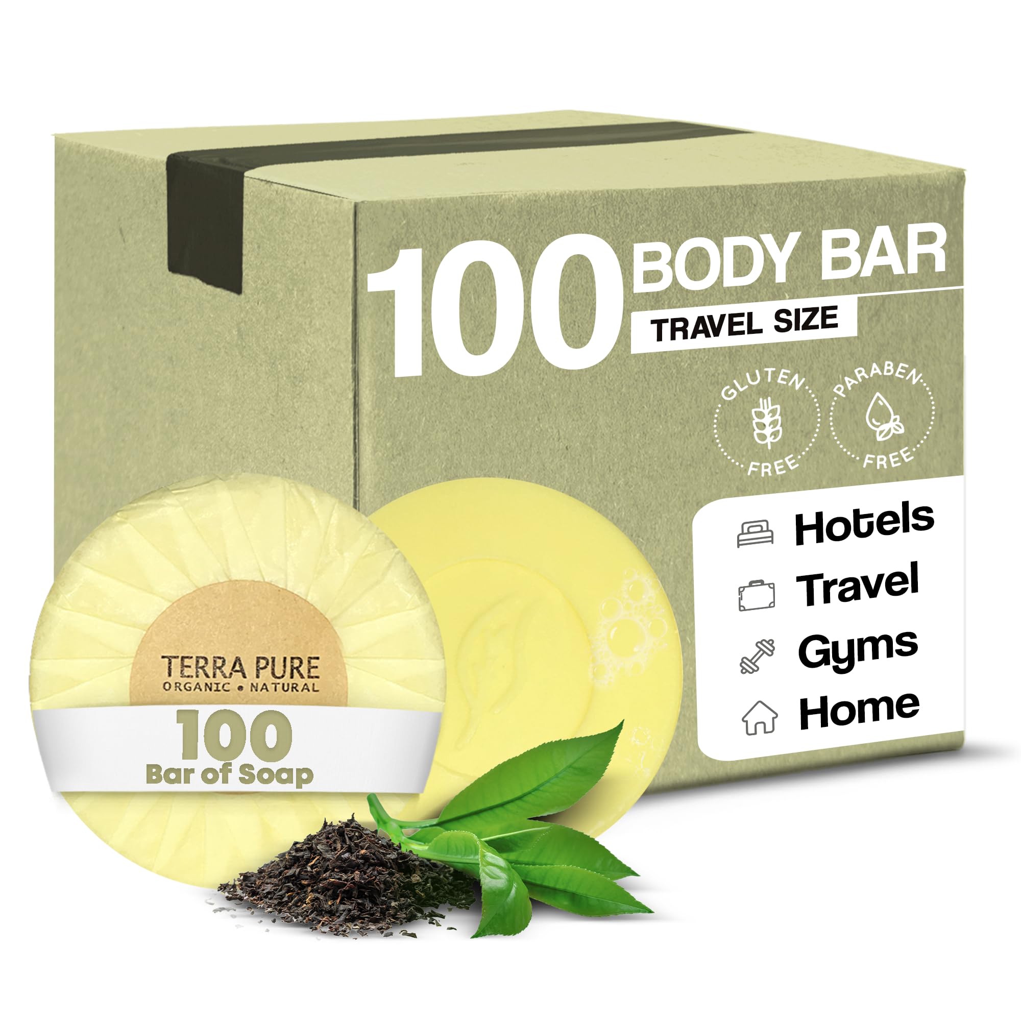 Terra Pure Bar Soap Travel Size - 1.25 oz (Pack of 100) - Natural Hotel Amenities for Guests & Eco-Friendly Travel Toiletries - Perfect for Hotels, Airbnb, Gyms & Travel Kits