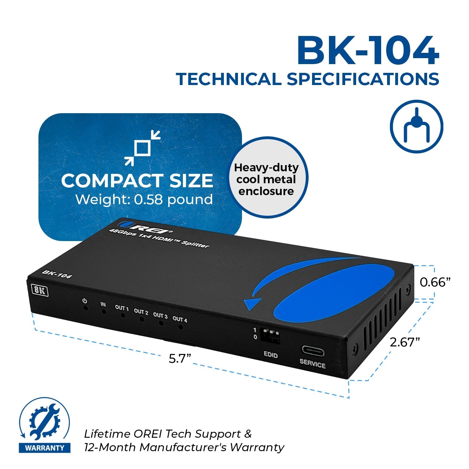 1x4 HDMI Splitter with Audio Output - 1 Input 4 Output UltraHD 8K EDID (BK 104) for Home Theater, Gaming, and Multi-Screen Presentations