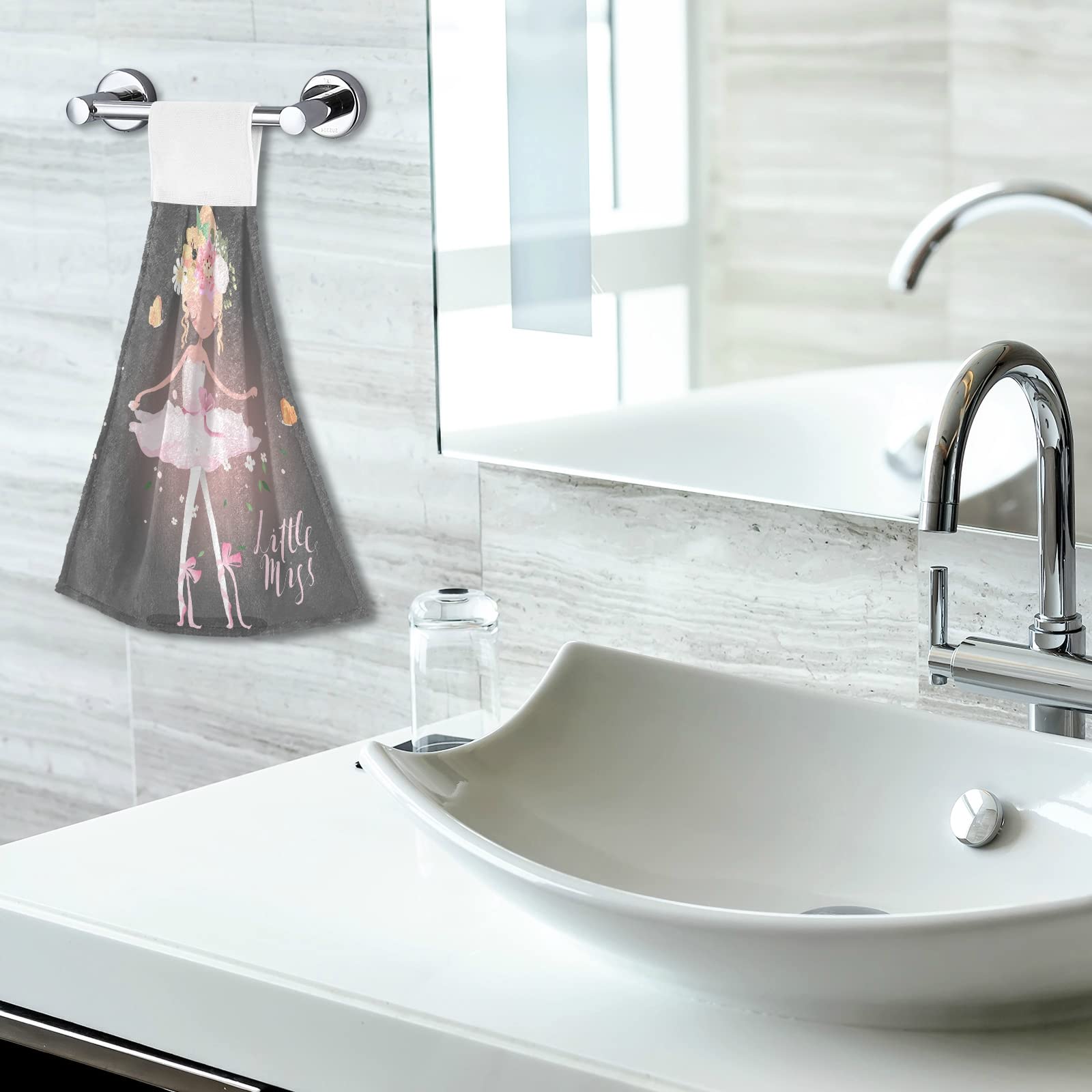 2-Pack Ballet Girl Hand Towels with Flowers, Butterflies & Sparkles - Soft, Fast-Drying Kitchen & Bath Towels with Hook & Loop for Hanging - Perfect for Dishes, Face Cleaning & Home Decor