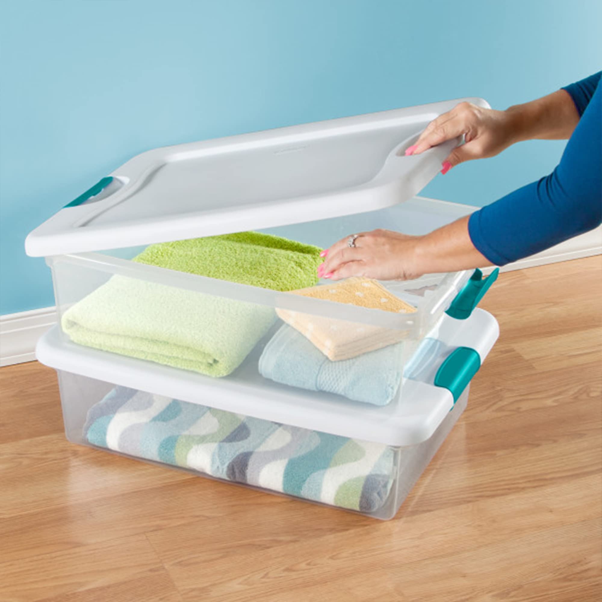 Sterilite 32 Quart Clear Stackable Storage Containers with White Latching Lids - 30 Pack Organizing Solution for Home, Office & Garage Storage - Perfect for Closet Organization, Holiday Decorations & Toy Storage