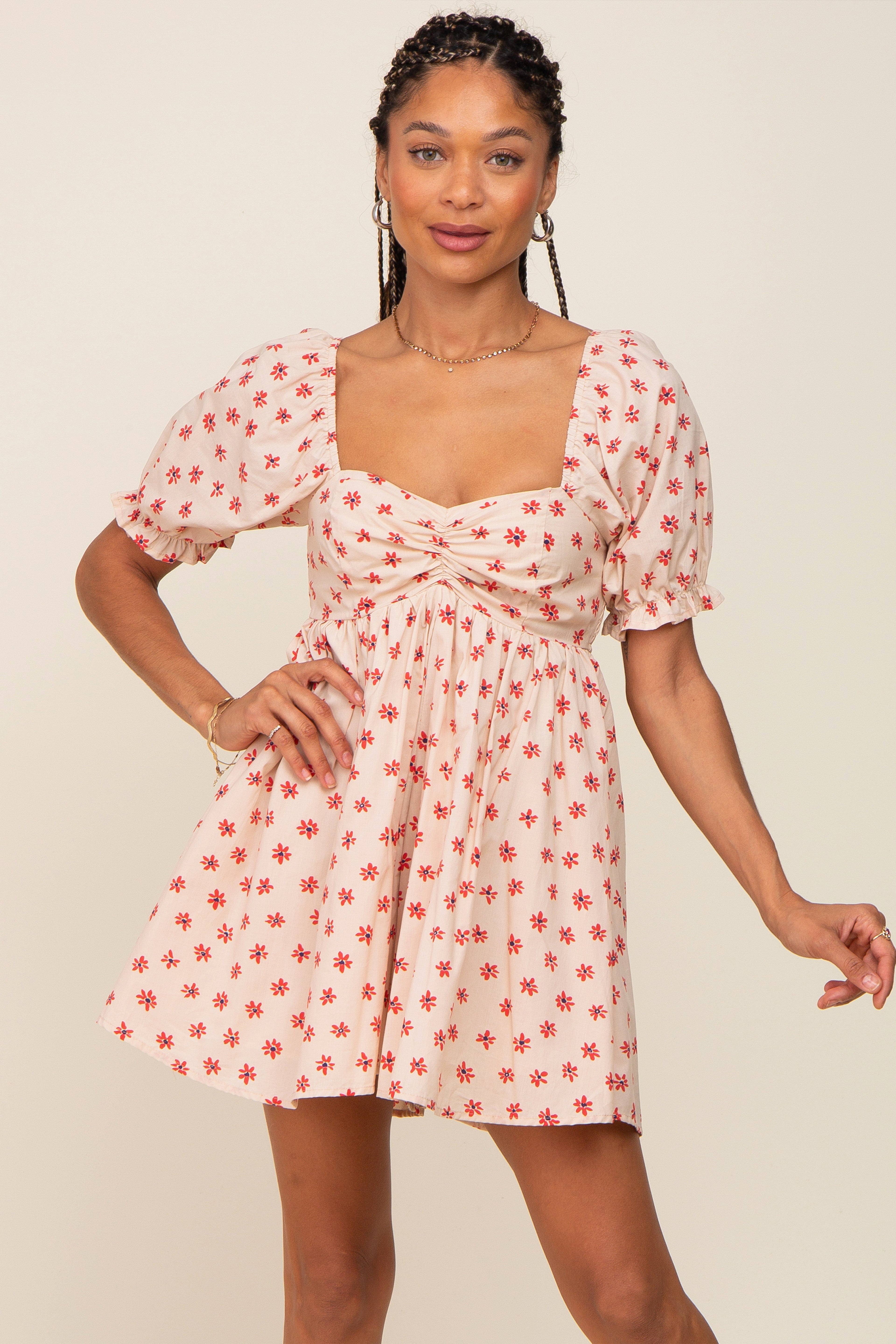 Beige Floral Puff Sleeve Maternity Romper - Stylish Pregnancy Jumpsuit for Moms-to-Be | Perfect for Baby Showers, Maternity Photos & Summer Outfits