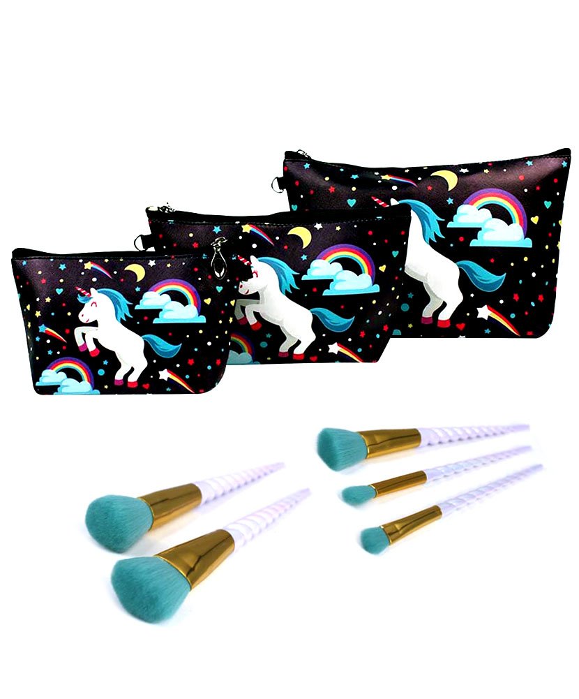 Unicorn Makeup Bag & Brush Set - Travel Cosmetic Organizer for Women