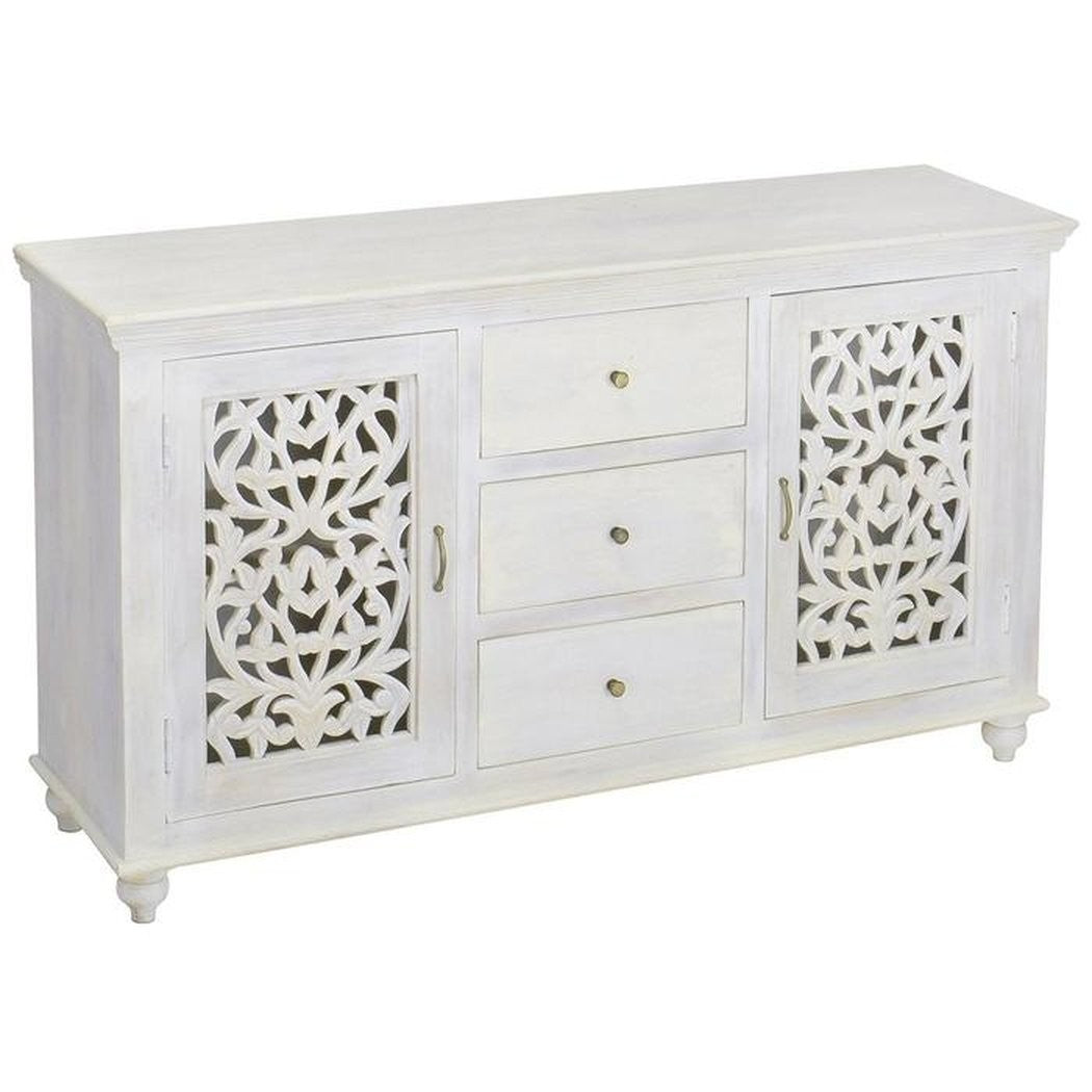 Hand Carved Indian Wooden Buffet Sideboard with Jali Doors - White - Perfect for Dining Room Storage & Display | Vintage Style Sideboard Cabinet for Home Decor