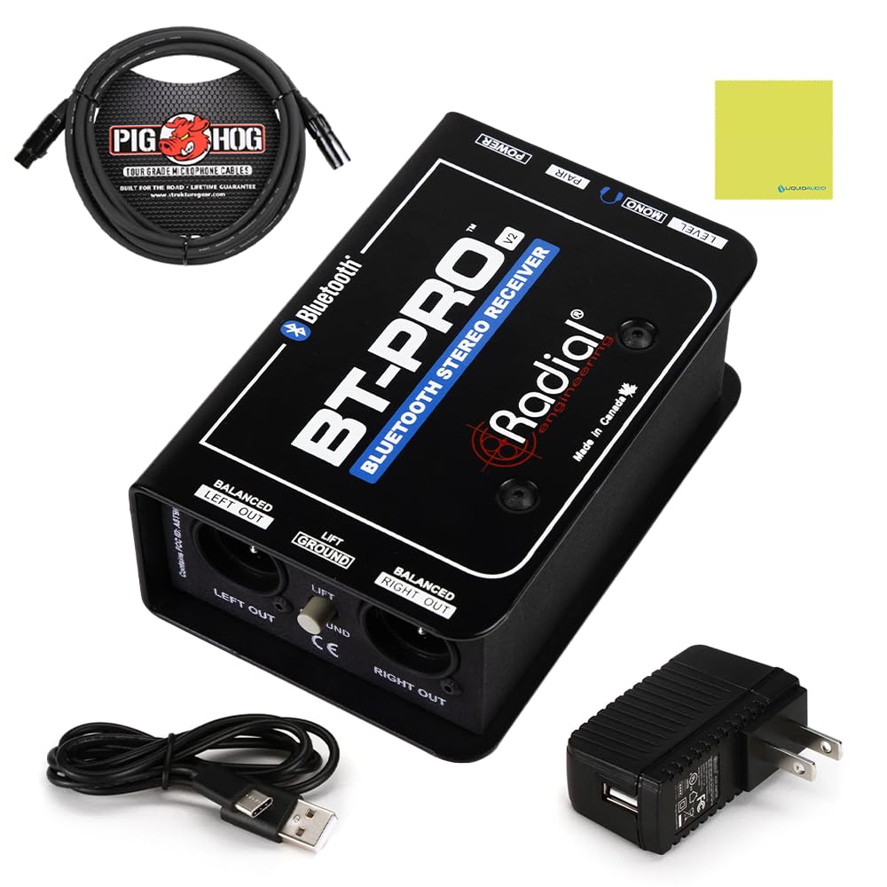 Radial BT-Pro V2 Stereo Bluetooth DI Box Bundle - 2-Channel Active Direct Box & Bluetooth Receiver with Pig Hog 10ft Mic Cable & Liquid Audio Polishing Cloth | Perfect for Live Performances, Studio Recording & Wireless Audio Streaming