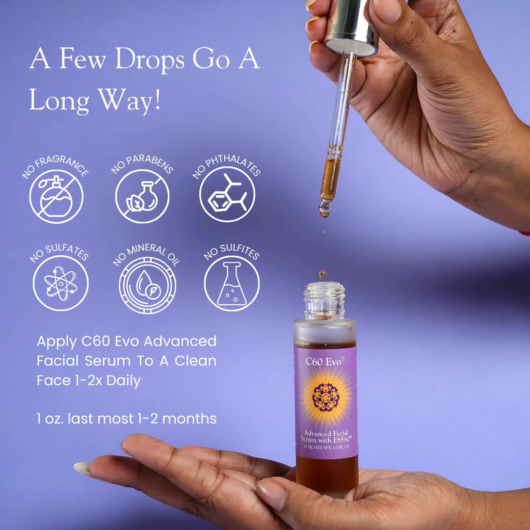 C60 EVO Advanced Facial Serum - Pure C60 ESS60 for Deep Nourishment & Anti-Aging | Vegan Skincare with 21 Natural Ingredients (1 oz) | Perfect for Night Routine & Wrinkle Reduction