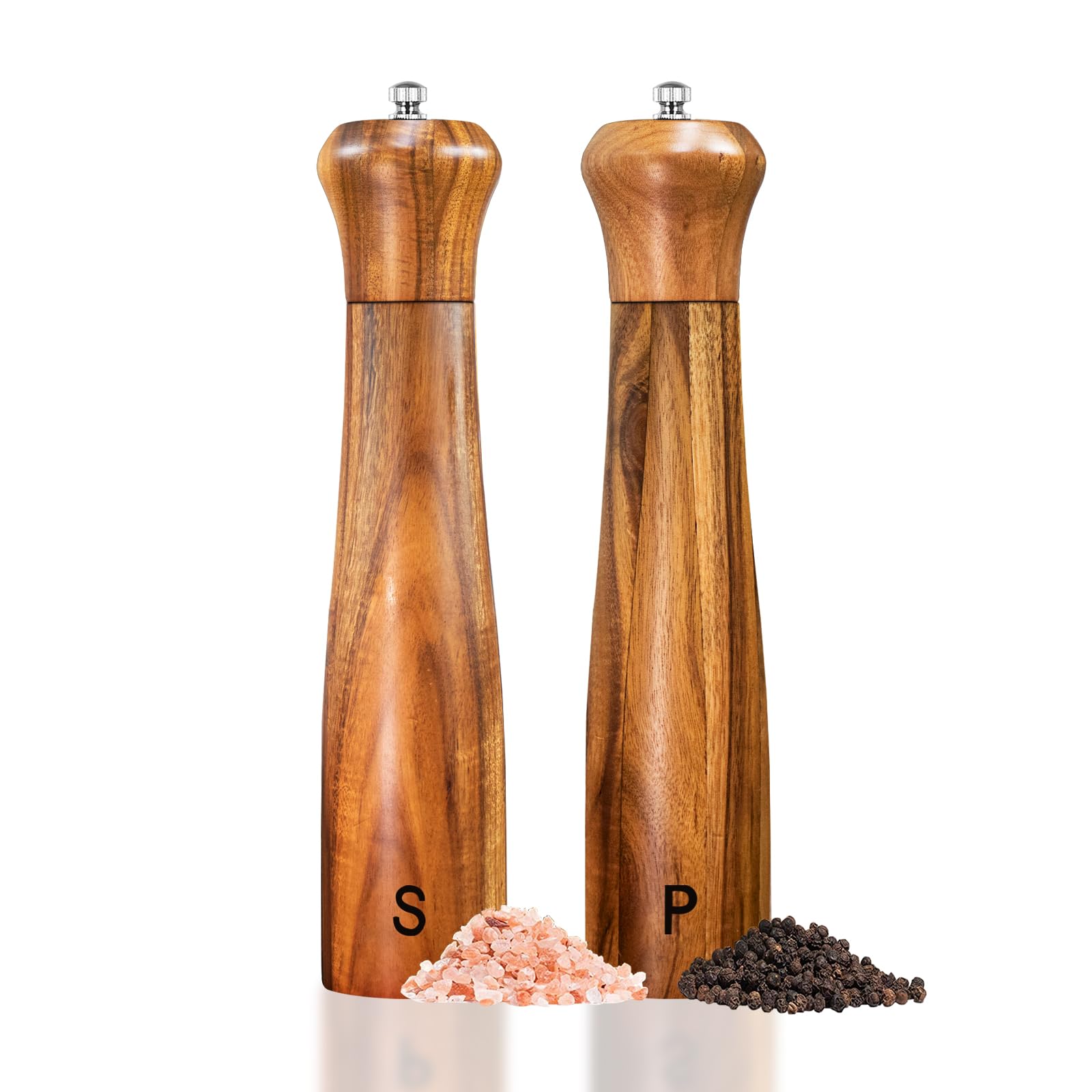 2 Pack 10 Inch Acacia Wood Salt and Pepper Grinder Set - Adjustable Coarseness, Refillable Manual Mills with Ceramic/Stainless Steel Core - Perfect for Kitchen, Dining Table & Gift Giving