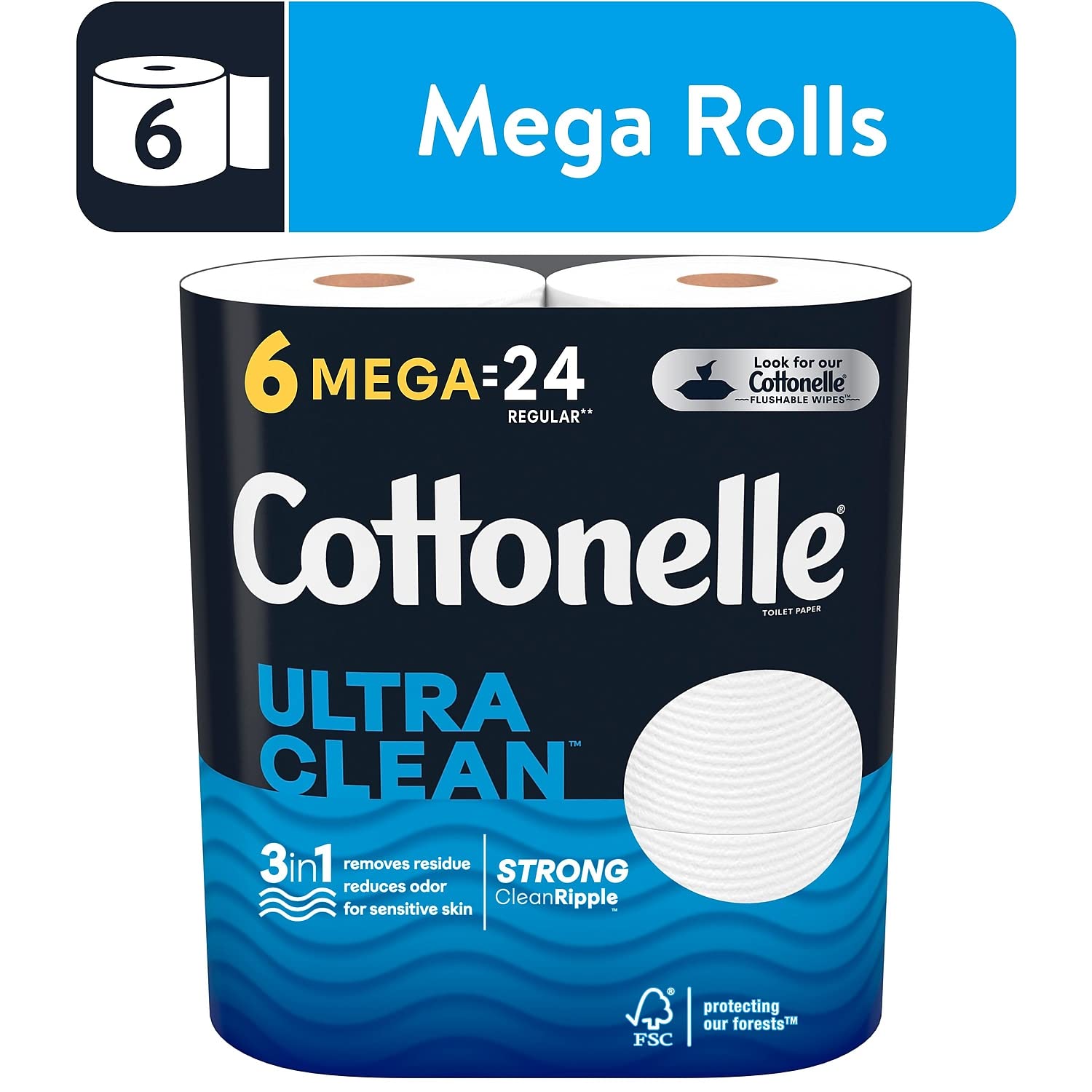Cottonelle Ultra CleanCare Toilet Paper - 6 Mega Rolls (24 Regular Rolls) | Strong & Soft Bath Tissue for Home & Office Use | Gentle on Skin | Septic Safe