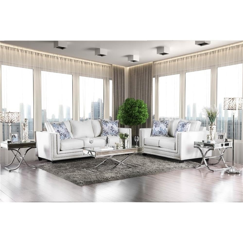 Furniture of America Malden Contemporary Chenille 2-Piece Sofa Set in Ivory - Modern Living Room Furniture for Small Spaces & Apartments