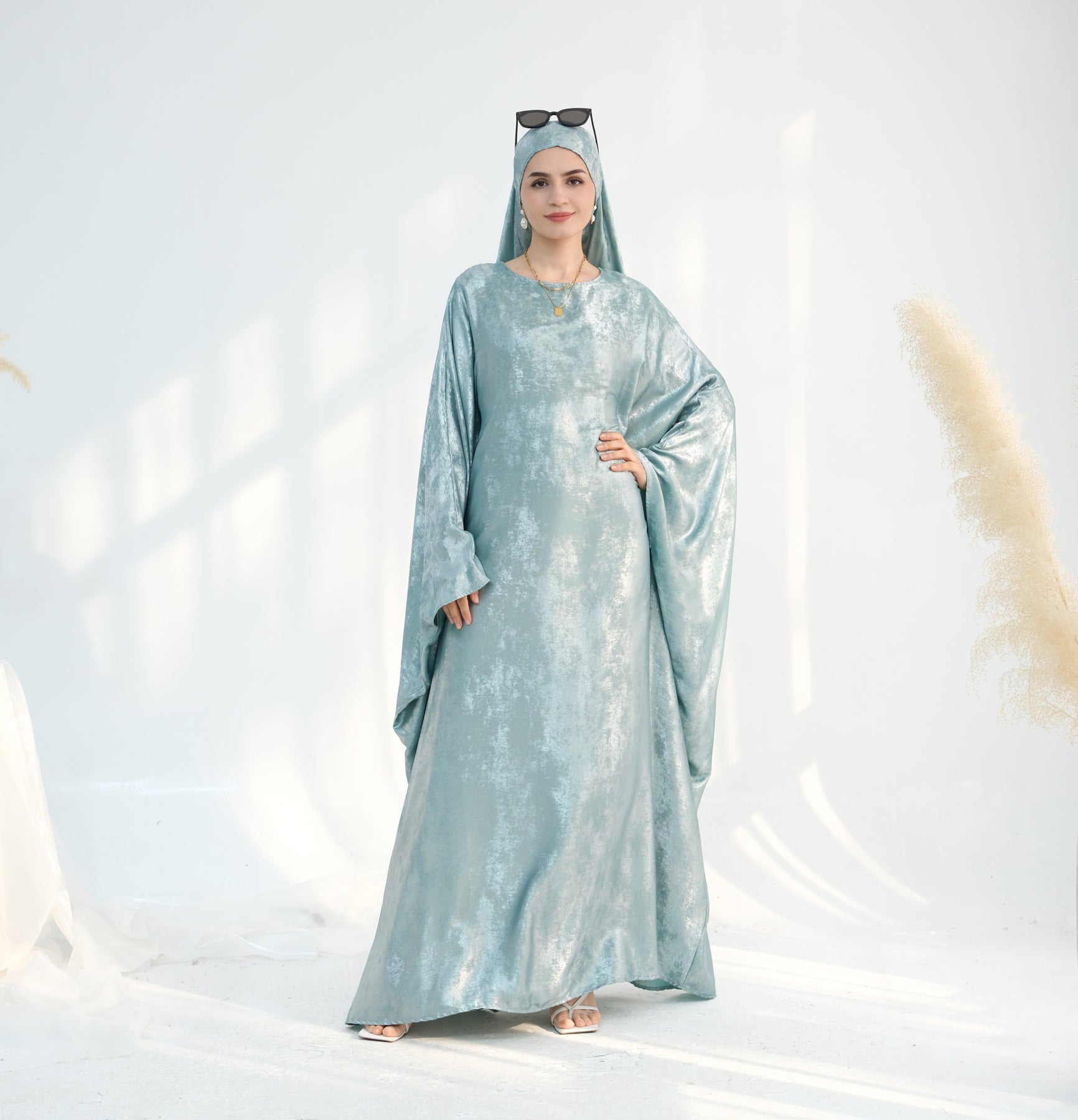 Linora Shimmer Butterfly Abaya - Elegant Mint Green Islamic Dress for Women | Perfect for Eid, Prayer & Special Occasions
