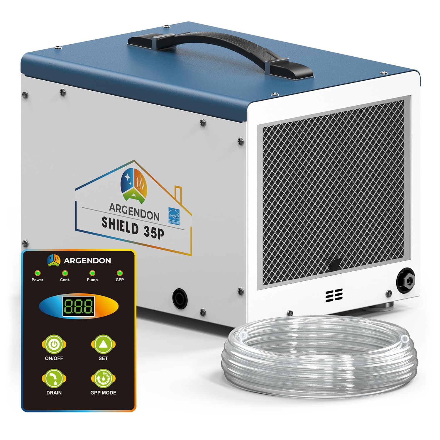 **Argendon 70 Pint Energy Star Commercial Dehumidifier with Pump - Crawl Space & Basement Use, Auto Defrost, Memory Start, Drain Hose Included - Covers Up to 1000 Sq Ft for Home, Office, or Storage Areas**