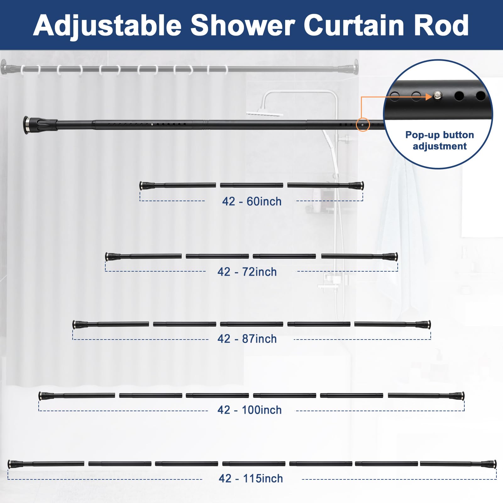 No-Drill Adjustable Tension Shower Curtain Rod 42-115 Inch - Black Bathroom Shower Rod with Holders for Easy Installation - Perfect for Apartments, Dorms & Rental Homes
