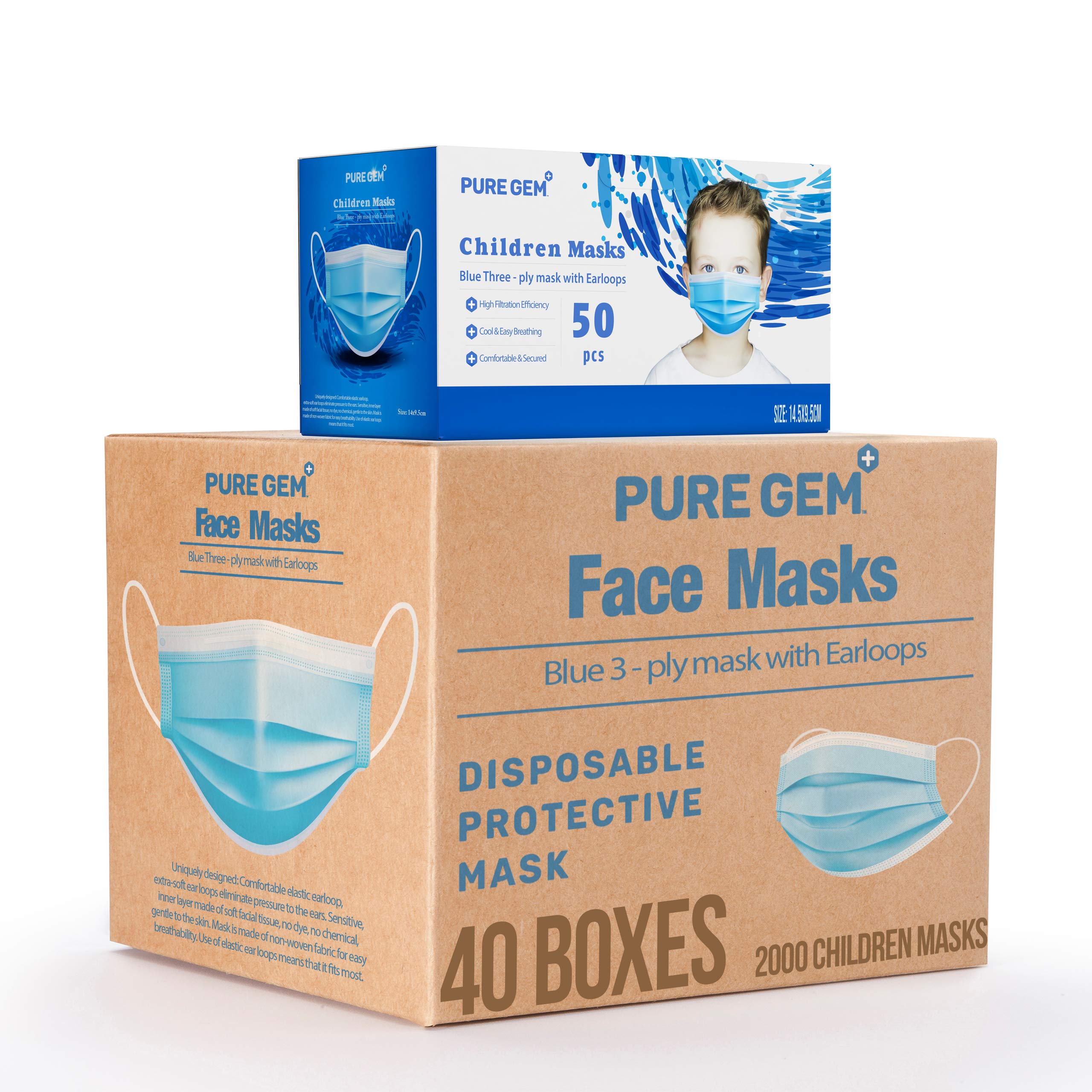 PURE GEM Premium Kids Disposable Face Masks - 3-Ply Breathable Children's Size (50-Pack) - Comfortable & Safe for School, Travel & Daily Protection - Boys & Girls Bulk Pack
