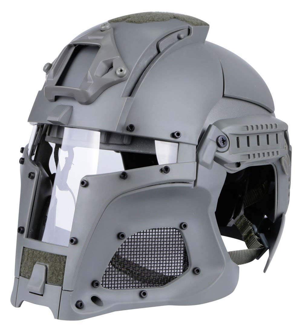 Tactical Airsoft Helmet - Mandalorian Style Full Face Mask with Interchangeable Lenses | Star Wars Cosplay, Boba Fett Inspired | Perfect for Airsoft Games, Military Simulation & Halloween Costumes (Gray)
