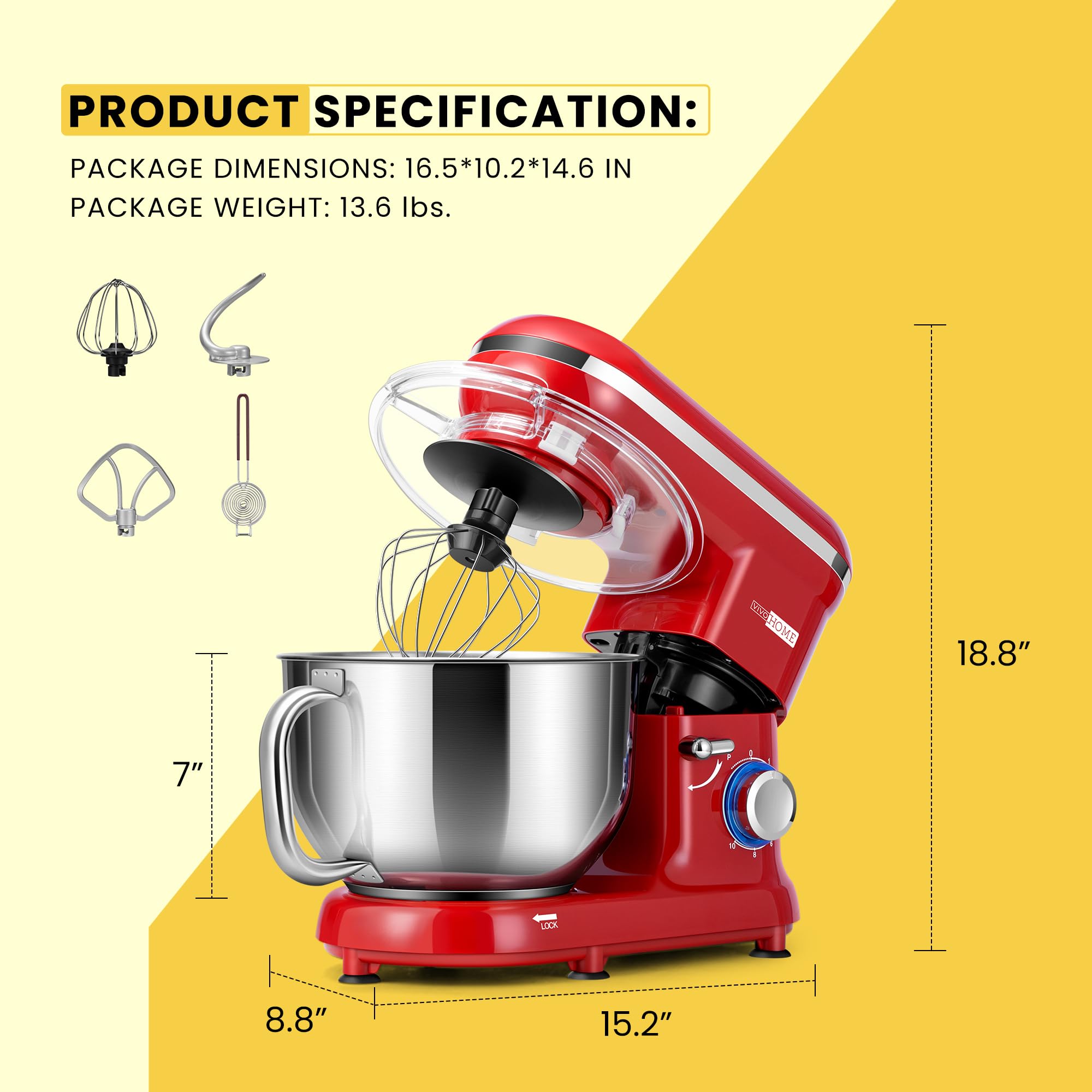 VIVOHOME 660W 10-Speed 6 Quart Tilt-Head Stand Mixer - Electric Kitchen Food Mixer with Beater, Dough Hook, Wire Whip & Egg Separator (Red) - Perfect for Baking Cakes, Cookies, Bread & More