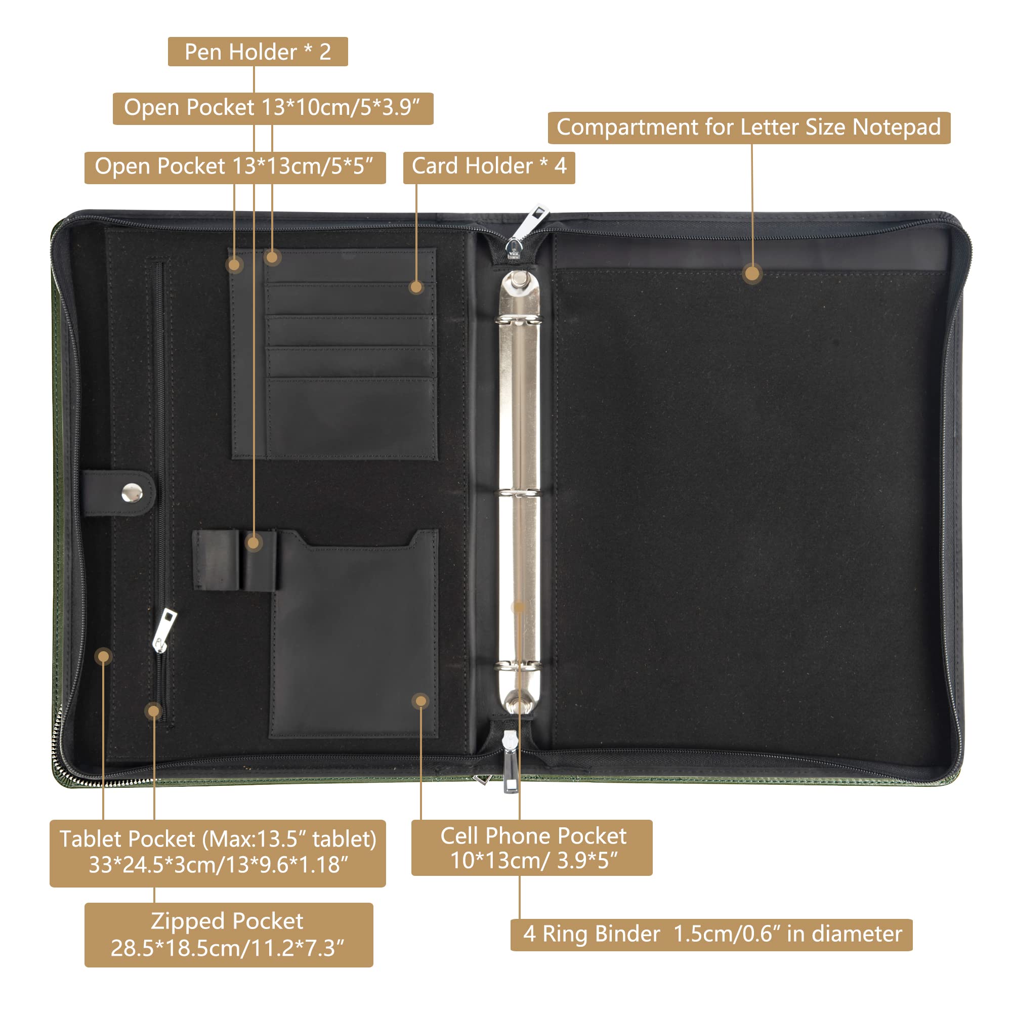 Asini Genuine Leather 3-Ring Binder Portfolio with Zipper - Professional Business Organizer for 13.3