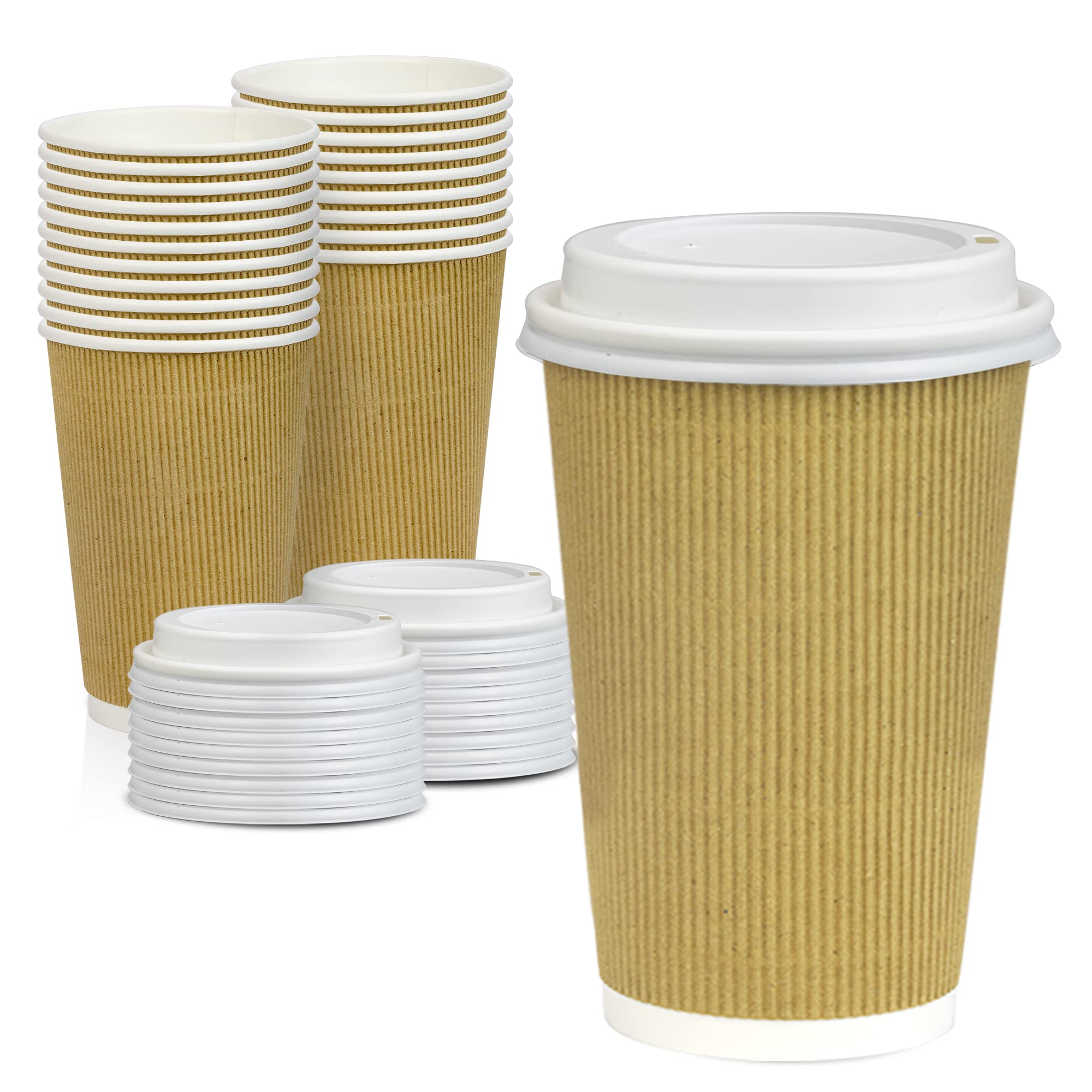 50 Pack 20oz Disposable Insulated Coffee Cups with Lids - Double Wall Brown Kraft Paper Hot Cups with Ripple Sleeves & White Dome Lids - Perfect for Coffee, Tea, Hot Chocolate, and Takeout Drinks at Cafes, Offices, and Home Use