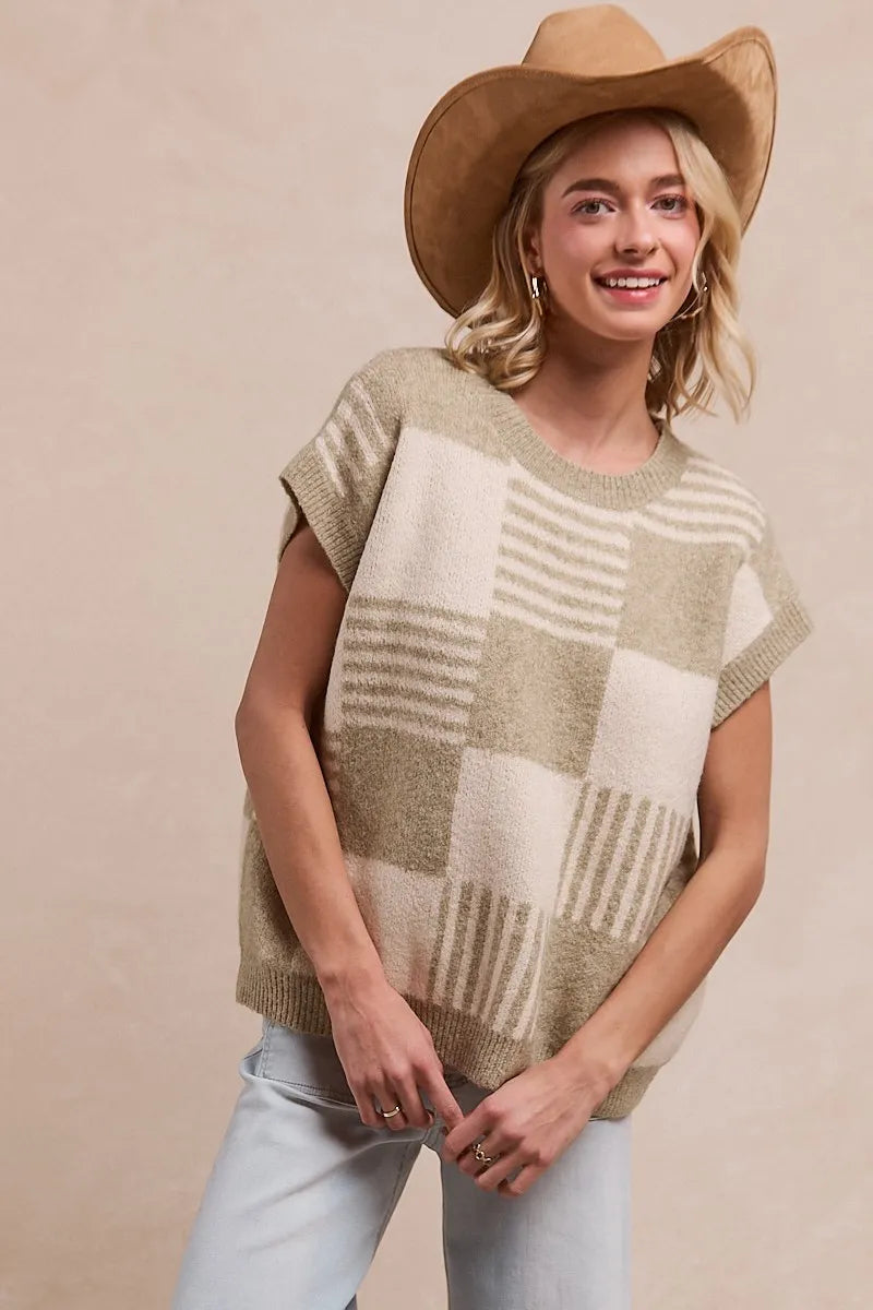 Striped Sleeveless Sweater for Women - BiBi Checker Knit Top | Casual Summer Wear, Beach Cover-Up, Layering Piece