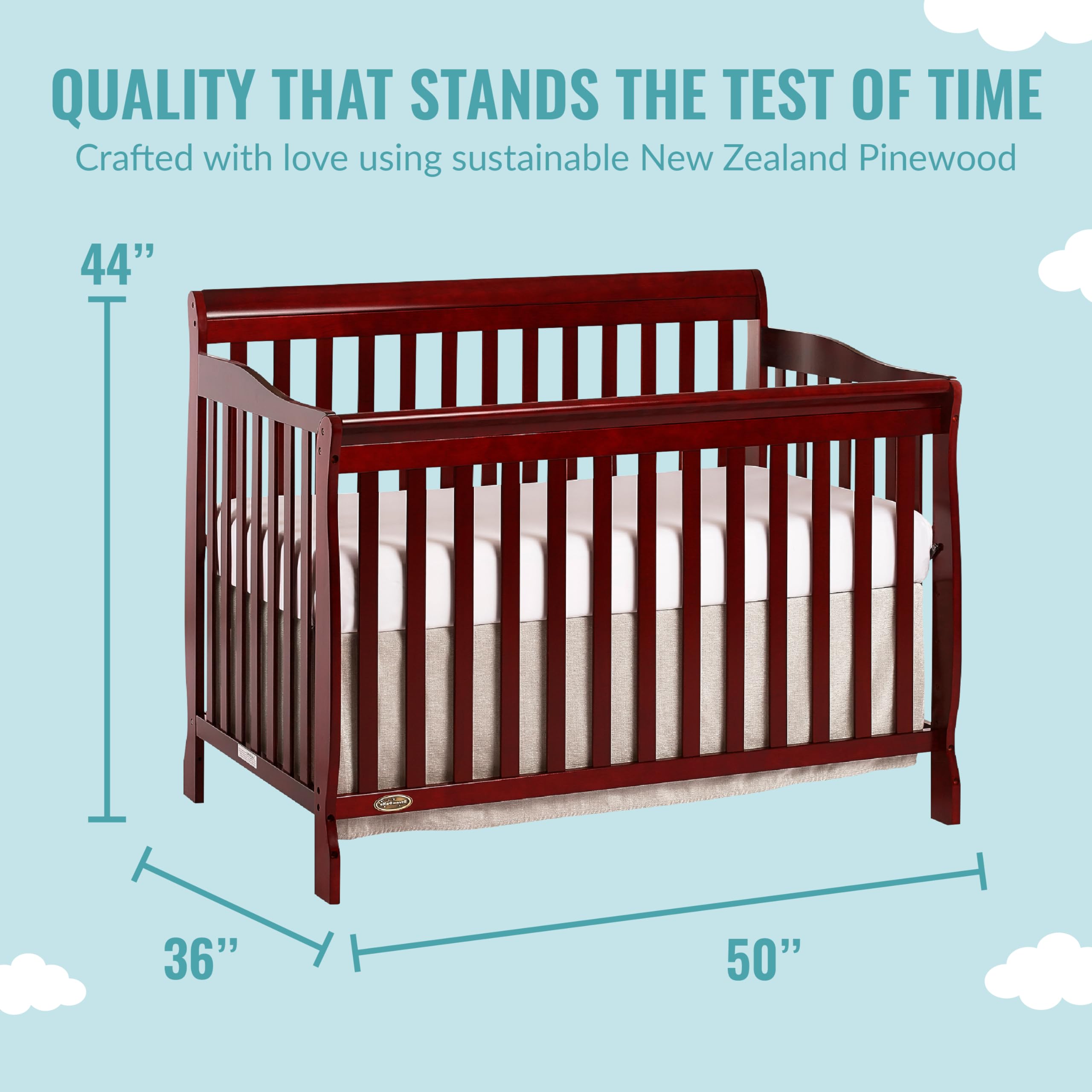 Dream On Me Ashton 4-in-1 Convertible Crib in Cherry Finish - GREENGUARD Gold & JPMA Certified | Non-Toxic Solid Pinewood Baby Crib with 4 Adjustable Mattress Heights | Perfect for Nursery, Bedroom & Daycare Use
