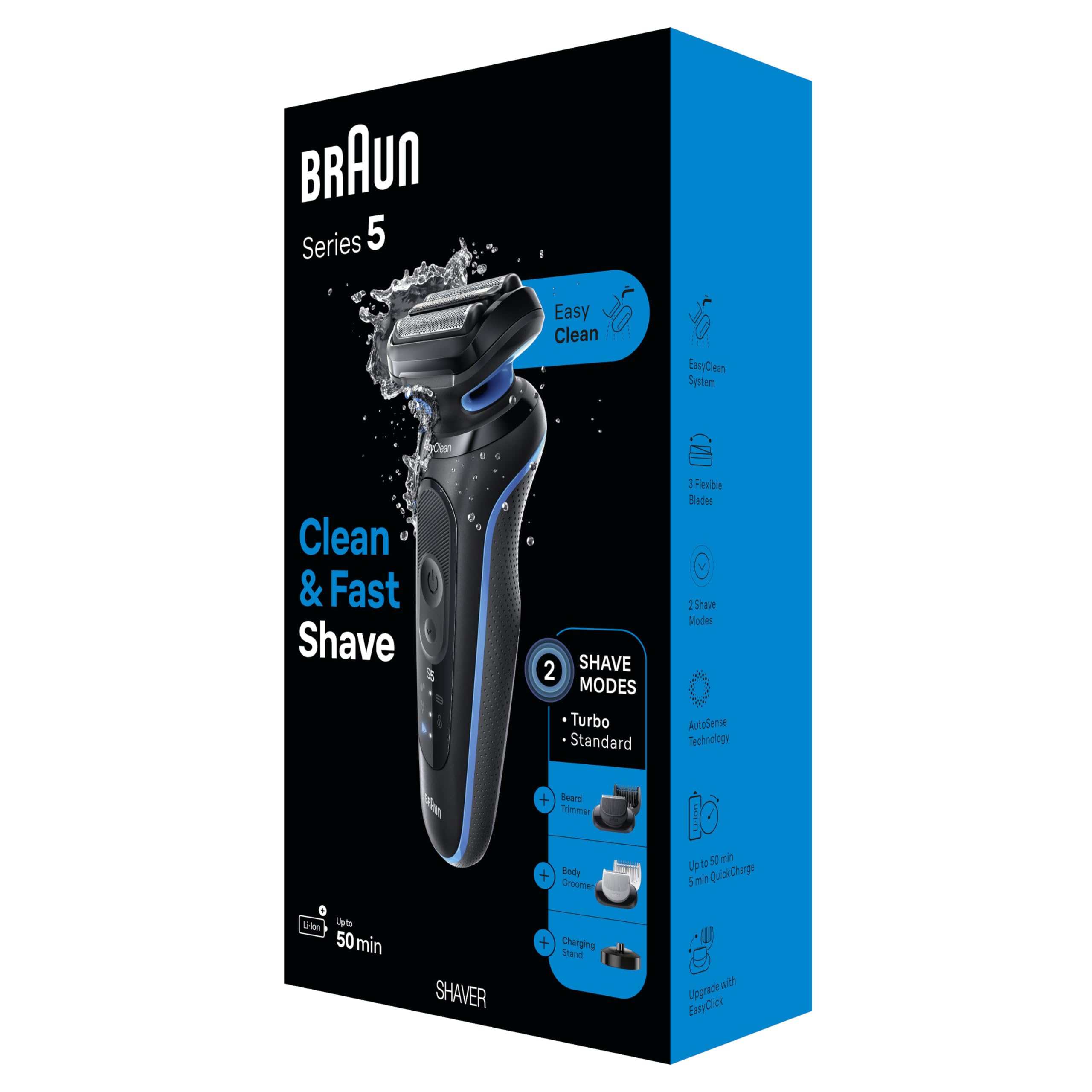 Braun Series 5 5150cs Men's Electric Shaver - Wet & Dry Foil Shaver with Turbo Mode, Beard Trimmer & Body Groomer - Includes Charging Stand (Blue) - Perfect for Travel, Home Use & Quick Shaving