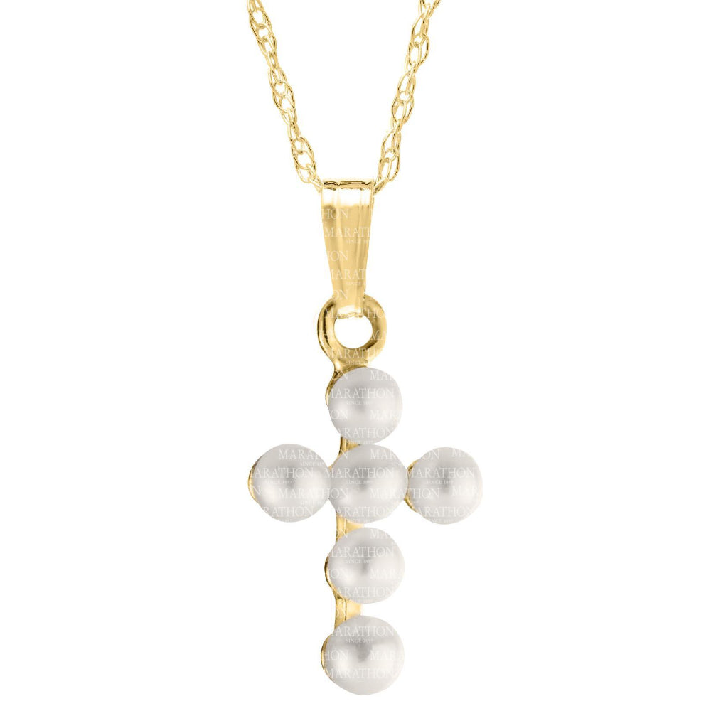 14K Gold Pearl Cross Pendant Necklace for Kids - Elegant Religious Jewelry Gift for Girls First Communion, Baptism & Special Occasions
