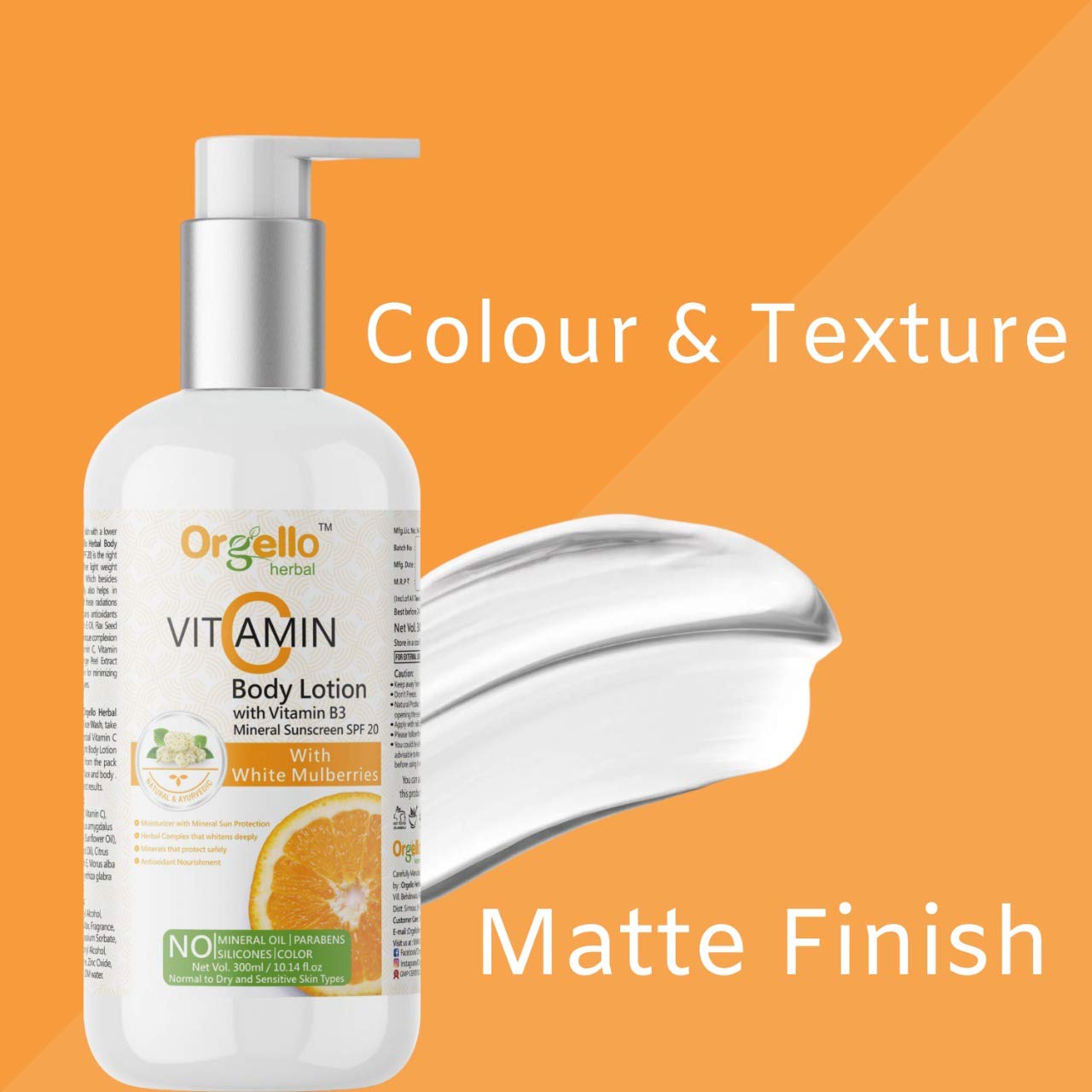 Orgello Herbal Vitamin C Body Lotion with SPF | Mineral Sunscreen Moisturizer (300ml) | Niacinamide, Licorice & Flax Seed Oil | Paraben-Free Skincare | Perfect for Daily Sun Protection & Hydration