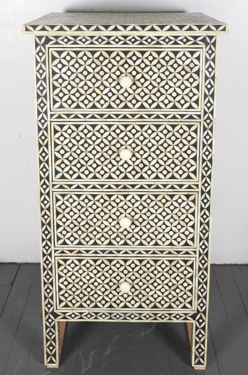 Handmade Bone Inlay Dresser - Black & White Tallboy Chest with 4 Drawers for Bedroom Storage & Home Decor