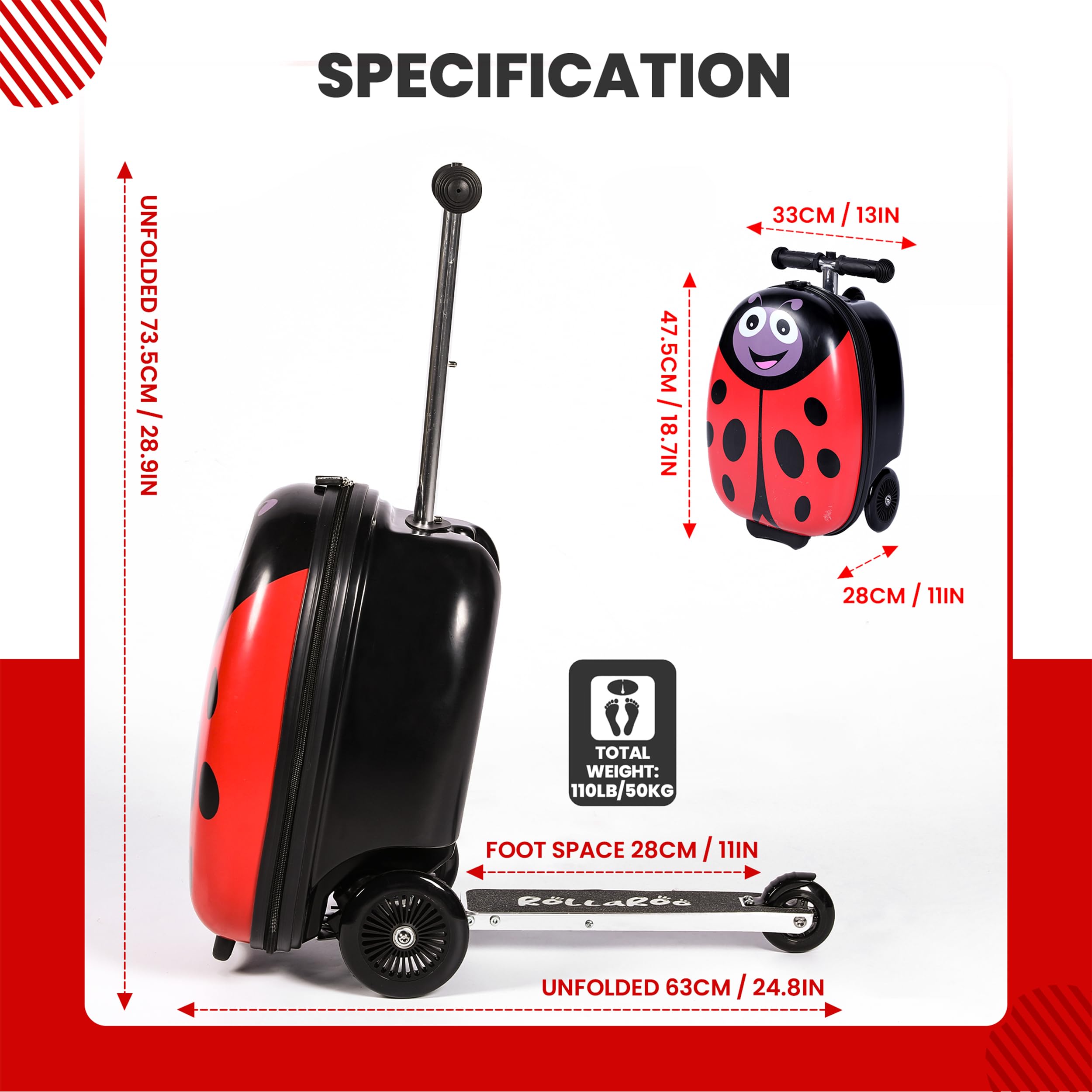 Ladybug Kids Scooter Suitcase - Foldable Ride-On Luggage with Wheels for Travel | Multifunctional Children's Carry-On with Strong Grip, Easy Locks & Smooth Zippers | 110LB Capacity | Perfect for Airports, Family Trips & School Commutes