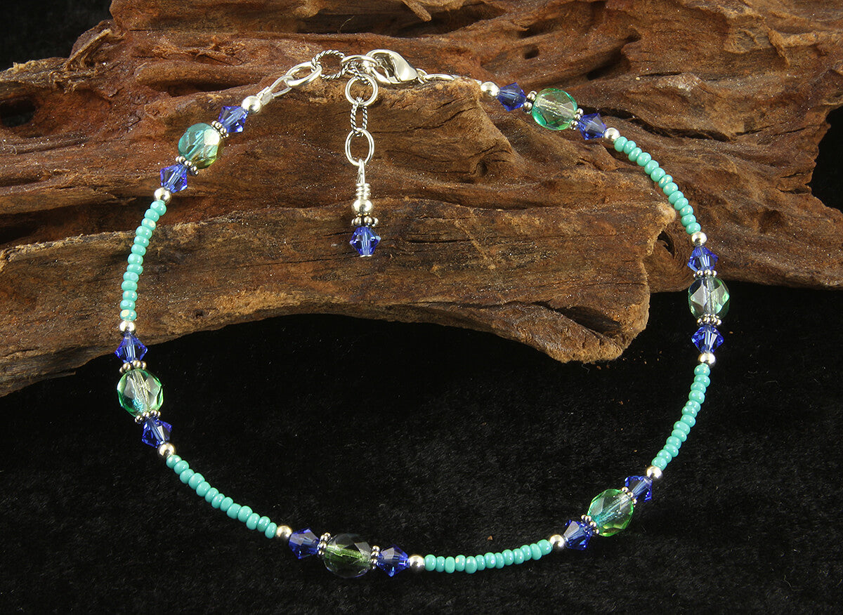 Turquoise Sapphire Blue Beaded Anklet for Women - Handmade Bohemian Adjustable Ankle Bracelet - Perfect for Beach, Summer & Boho Fashion