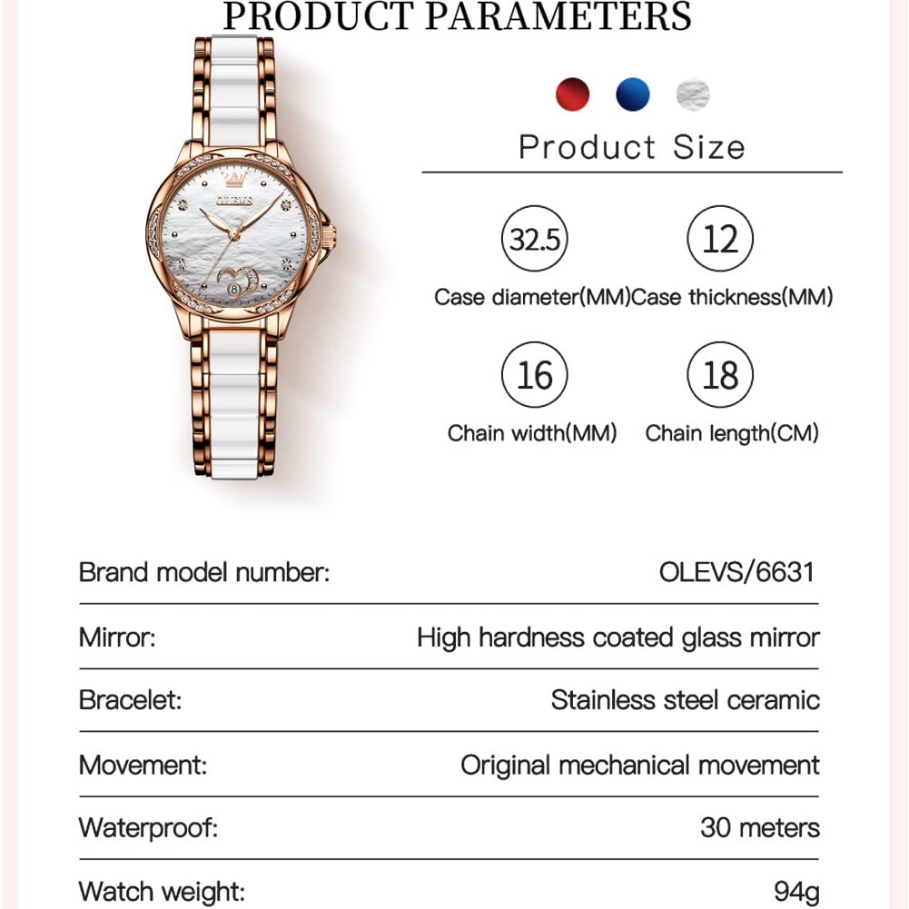 OLEVS Rose Gold Women's Automatic Watch with Two-Tone Stainless Steel & Ceramic Bracelet, Diamond-Accented Self-Winding Watch - Red/Blue/White Dial (No Battery Required) - Perfect for Business, Party & Everyday Wear