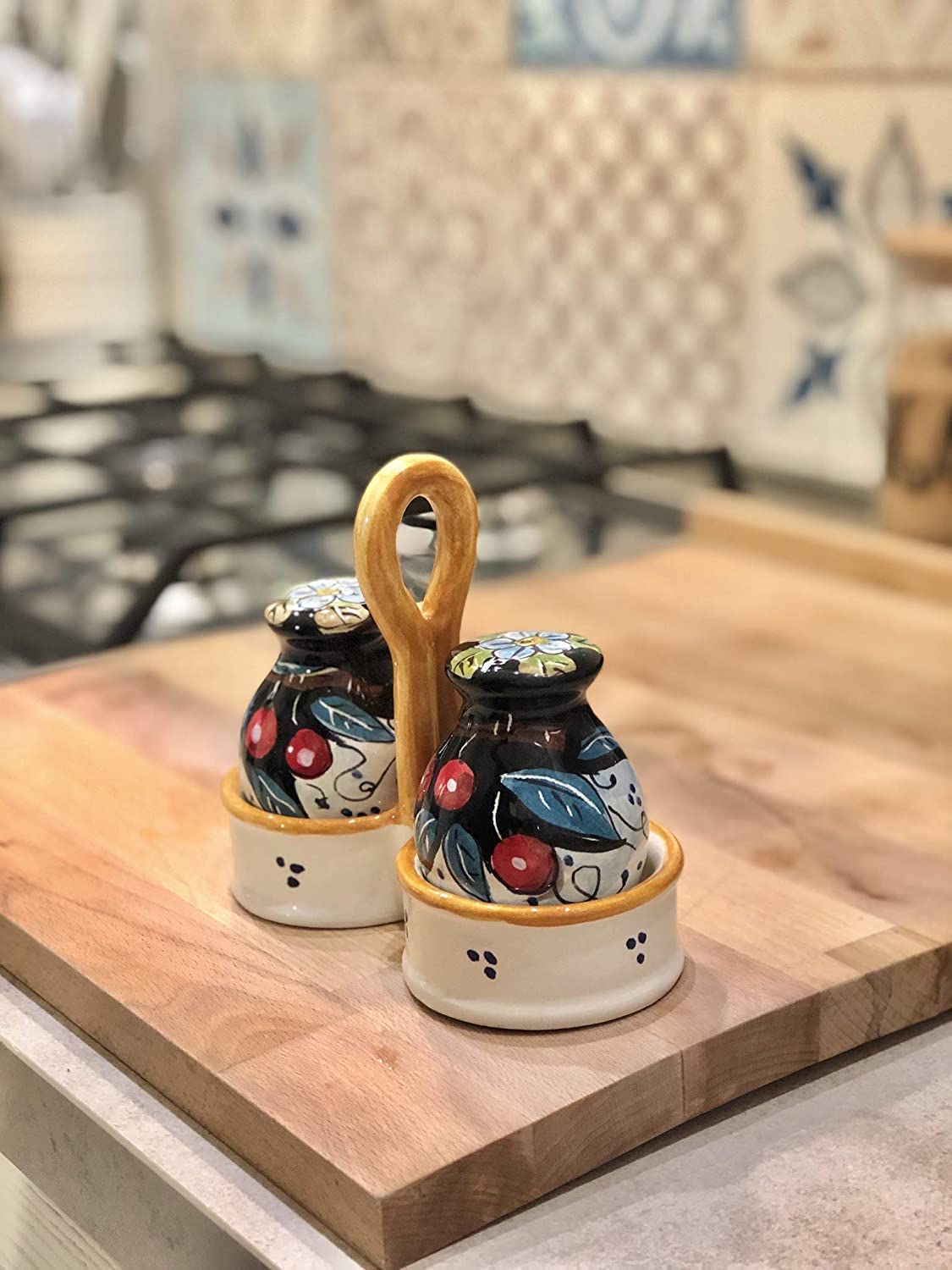 Italian Ceramic Salt and Pepper Shakers Set - Hand Painted Tuscan Fruit Design, Art Pottery from Florence, Made in Italy - Perfect for Kitchen, Dining Table & Gift Giving