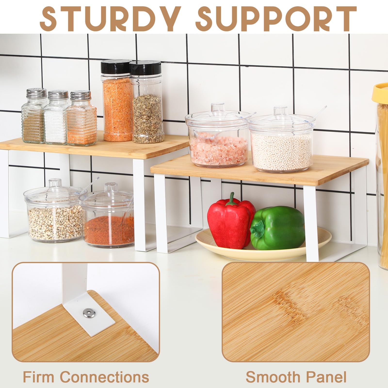 2-Pack Bamboo Stackable Cabinet Organizer Shelves - Kitchen Counter Shelf Riser for Spice Jars, Coffee Mugs & Pantry Storage - Space Saving Cabinet Organizer for Kitchen, Bathroom & Office
