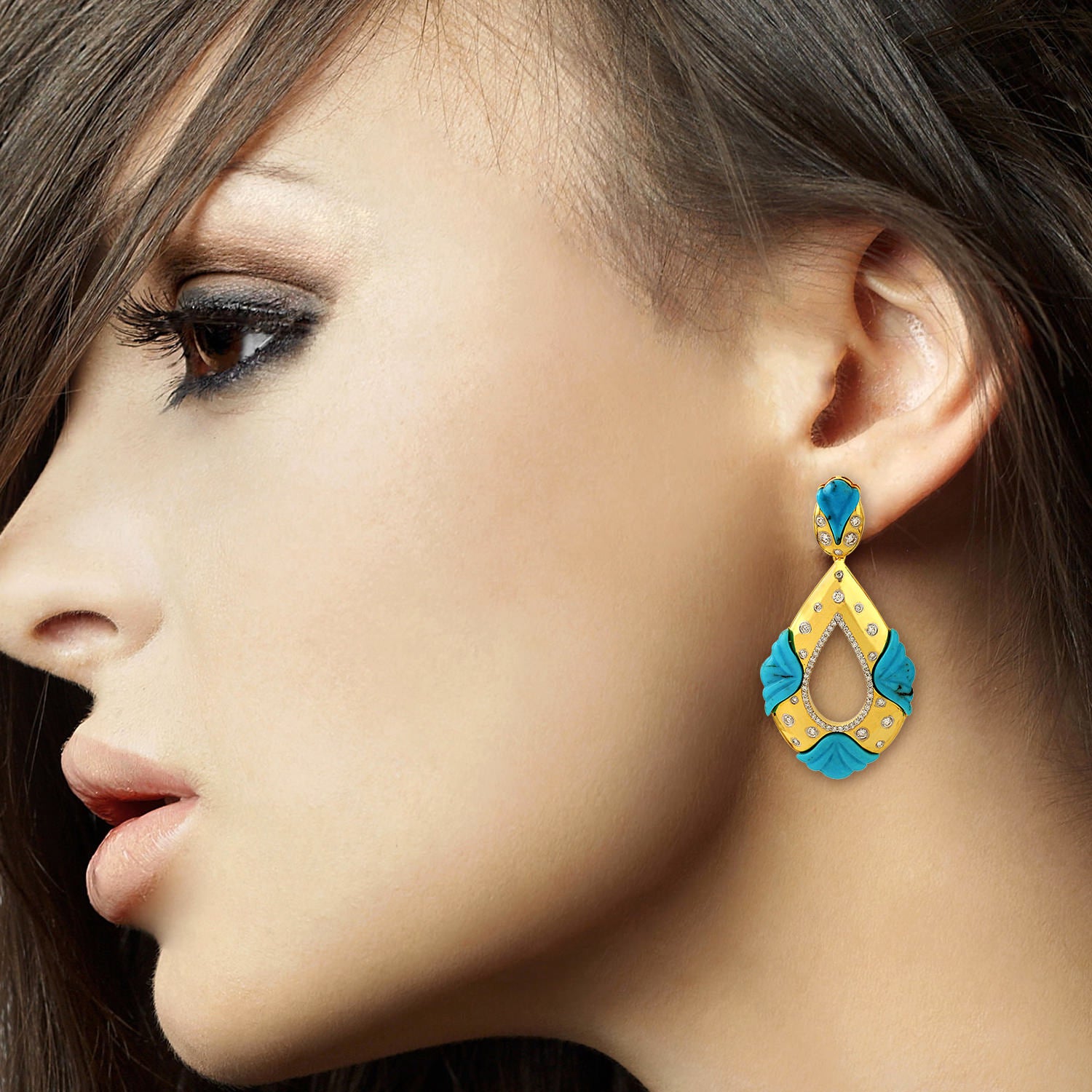 18K Yellow Gold Carved Turquoise Pave Diamond Dangle Earrings - Elegant Designer Jewelry for Parties, Weddings & Special Occasions