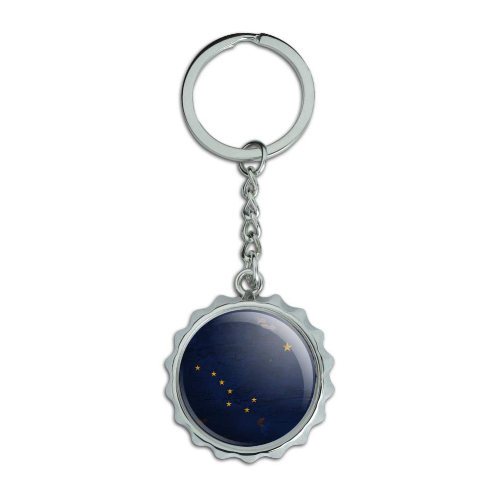 Vintage Rustic Alaska State Flag Keychain - Distressed USA Design, Chrome Plated Metal Bottle Opener with Pop Cap - Perfect for Travel, Camping, Gifts & Beer Lovers