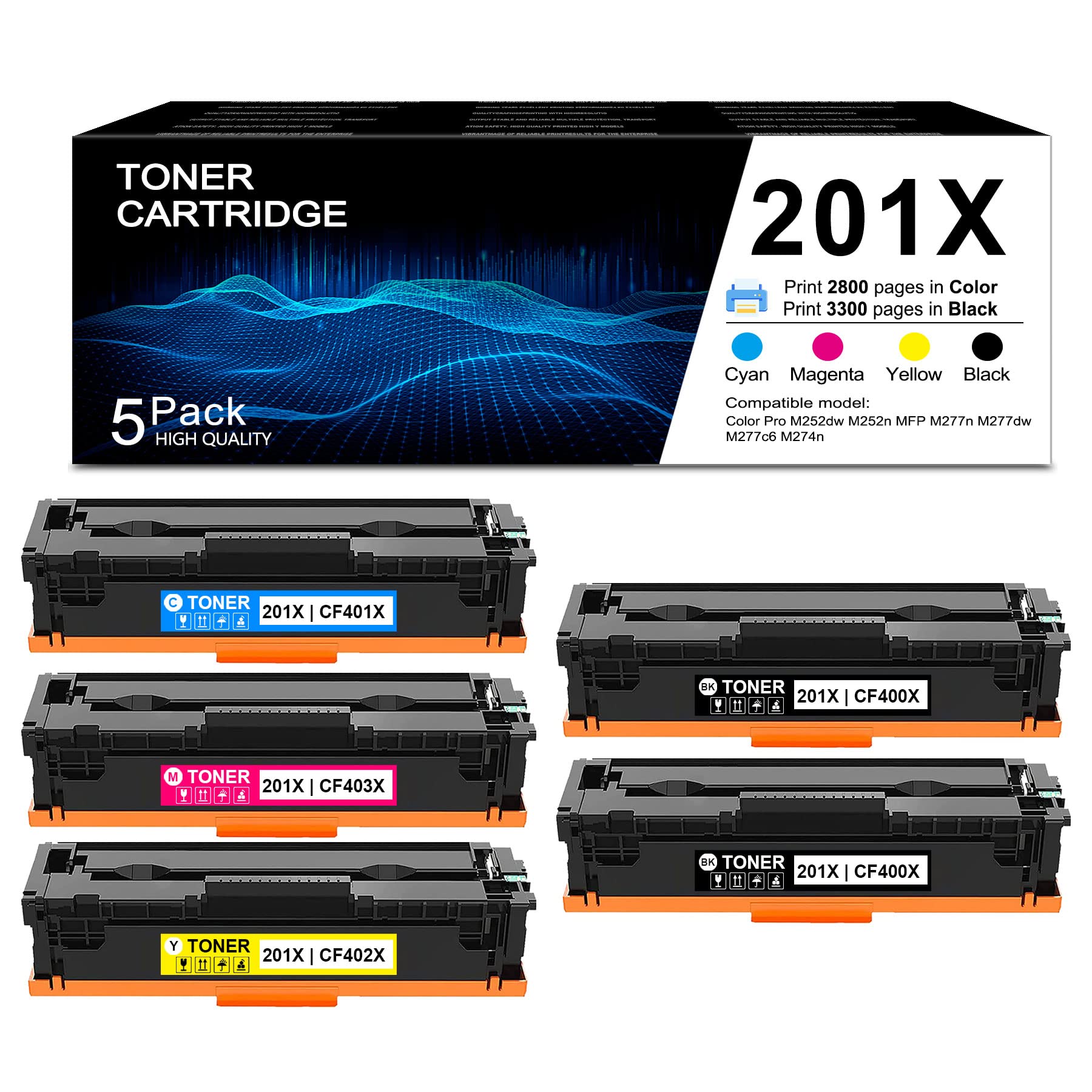 ETECHWORK (5-Pack) High-Yield Toner Cartridges - Compatible with HP Color Pro M277c6, M277dw, MFP M252n, M277n, M252dw, M274n Printers - 2 Black, 1 Cyan, 1 Magenta, 1 Yellow - Perfect for Home & Office Printing Needs