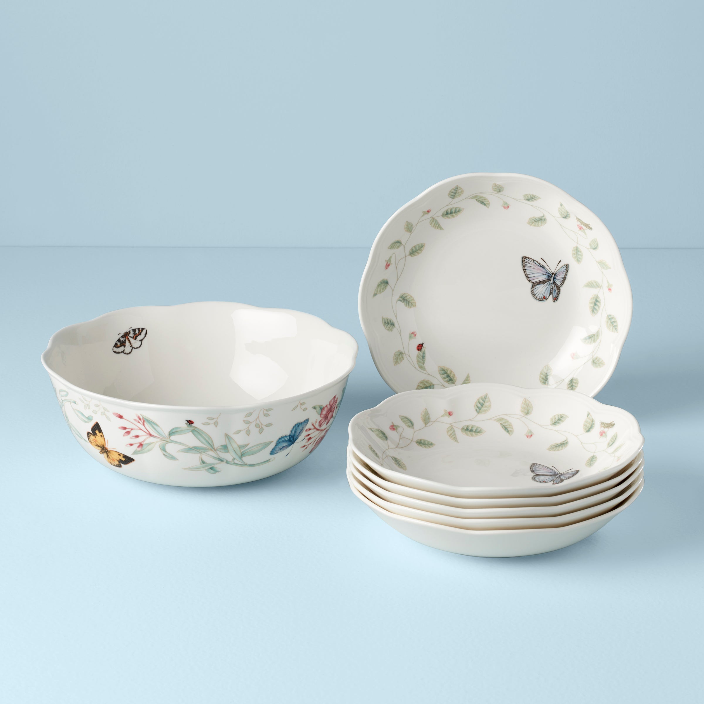 Butterfly Meadow 7-Piece Bowl Set - Colorful Ceramic Mixing & Serving Bowls for Kitchen, Dining & Party Use