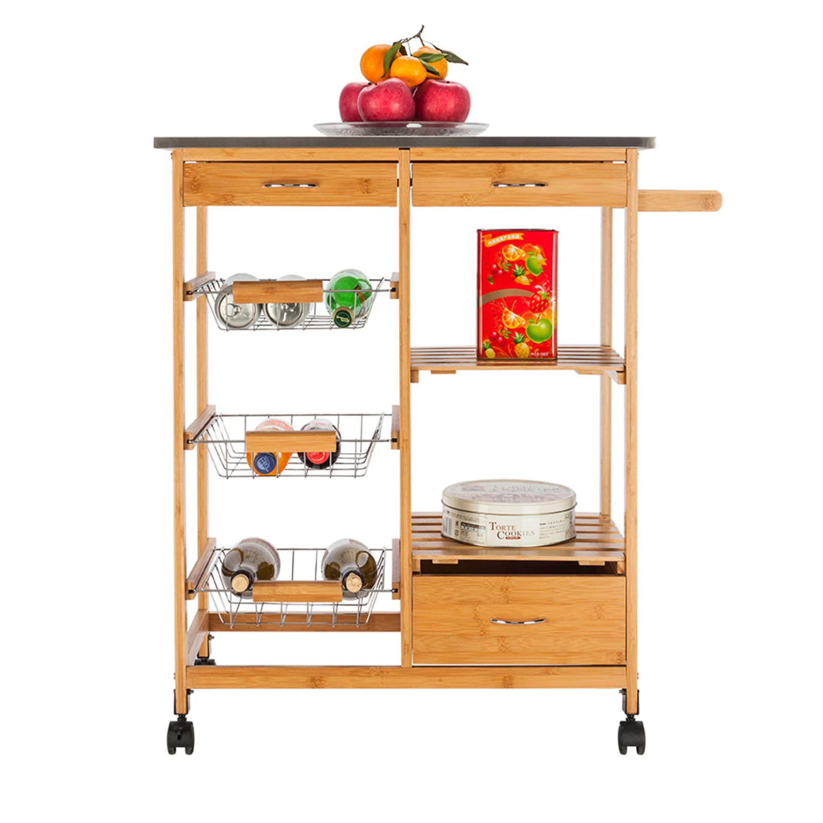 STEPHI Mobile Kitchen Island Cart with 3 Drawers, 3 Baskets, Shelves & Towel Rack - Stainless Steel Top Utility Cart for Kitchen, Dining & Living Room - Perfect for Extra Storage, Food Prep & Entertaining