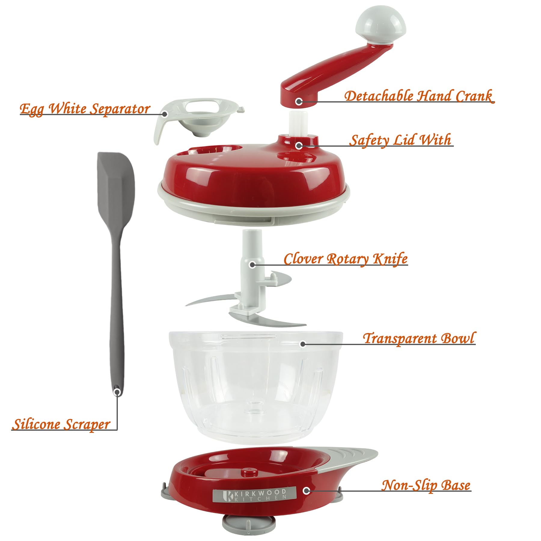 Kirkwood Kitchen Multi-Function Manual Food Processor - Meat Grinder, Vegetable Chopper, Slicer & Dicer for Fruits, Herbs, Lettuce & Salad Prep | Perfect for Meal Prep, Camping & Small Kitchen Spaces