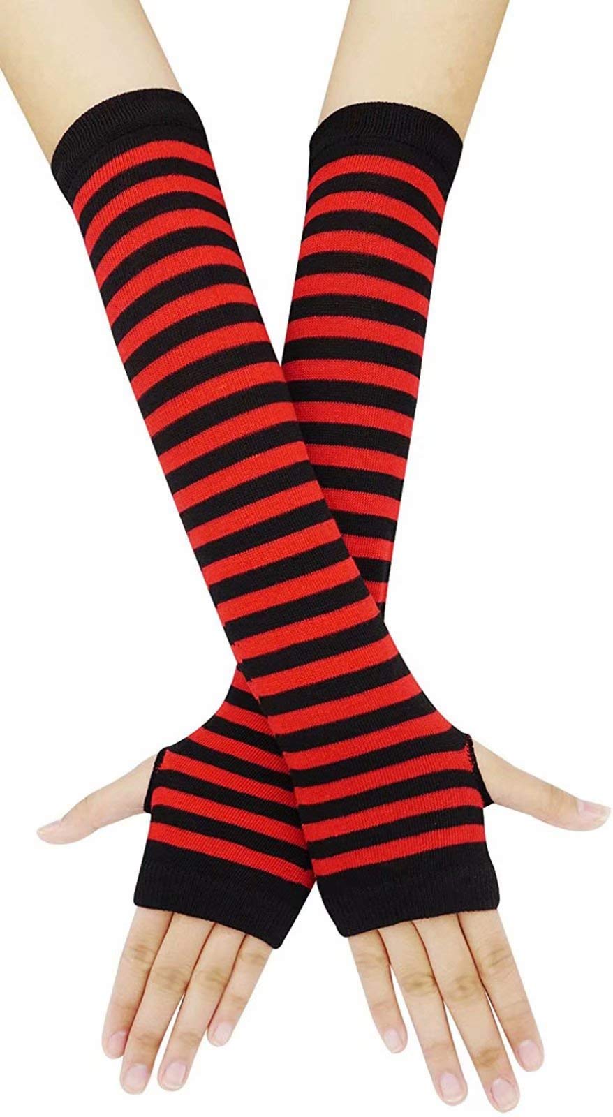 Women's Fingerless Knitted Arm Warmers - Stretchy Long Gloves with Thumbhole in Black & Red - Perfect for Winter, Cycling, Typing & Outdoor Activities