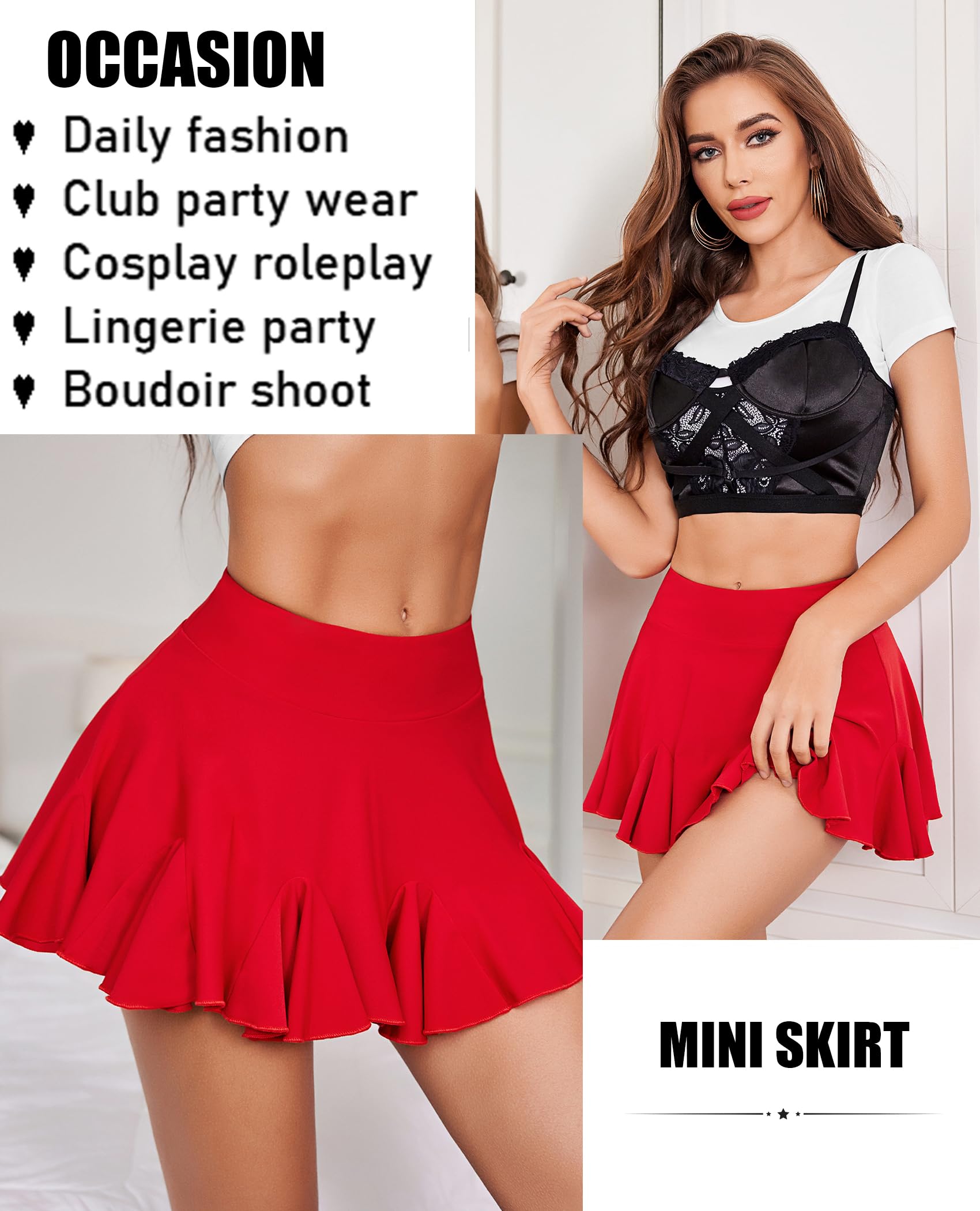**Avidlove Women's Sexy Mini Skirt - High Waist Pleated Skater Skirt with Ruffle Trim for Night Out & Lingerie**    **优化点说明（仅示例，实际无需返回）：**   1. **品牌前置** + **核心关键词**（Mini Skirt/Women）提升搜索权重   2. **材质/设计亮点**（Pleated/Ruffle Trim）增加长尾词覆盖   3. **场景延伸**（Night Out & Lingerie）吸引目标用户点击