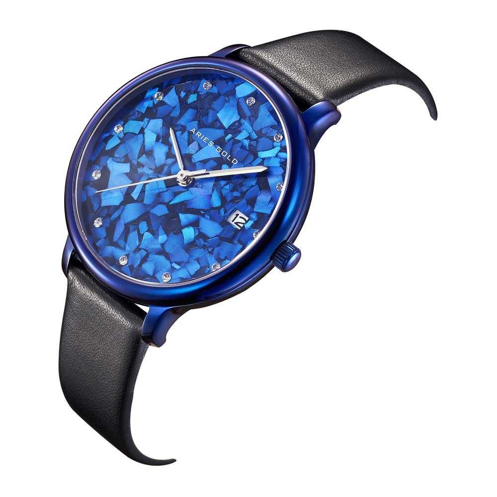 Aries Gold Enchant Fleur Blue Leather Strap Women's Watch - Elegant Timepiece for Casual Wear, Office & Special Occasions