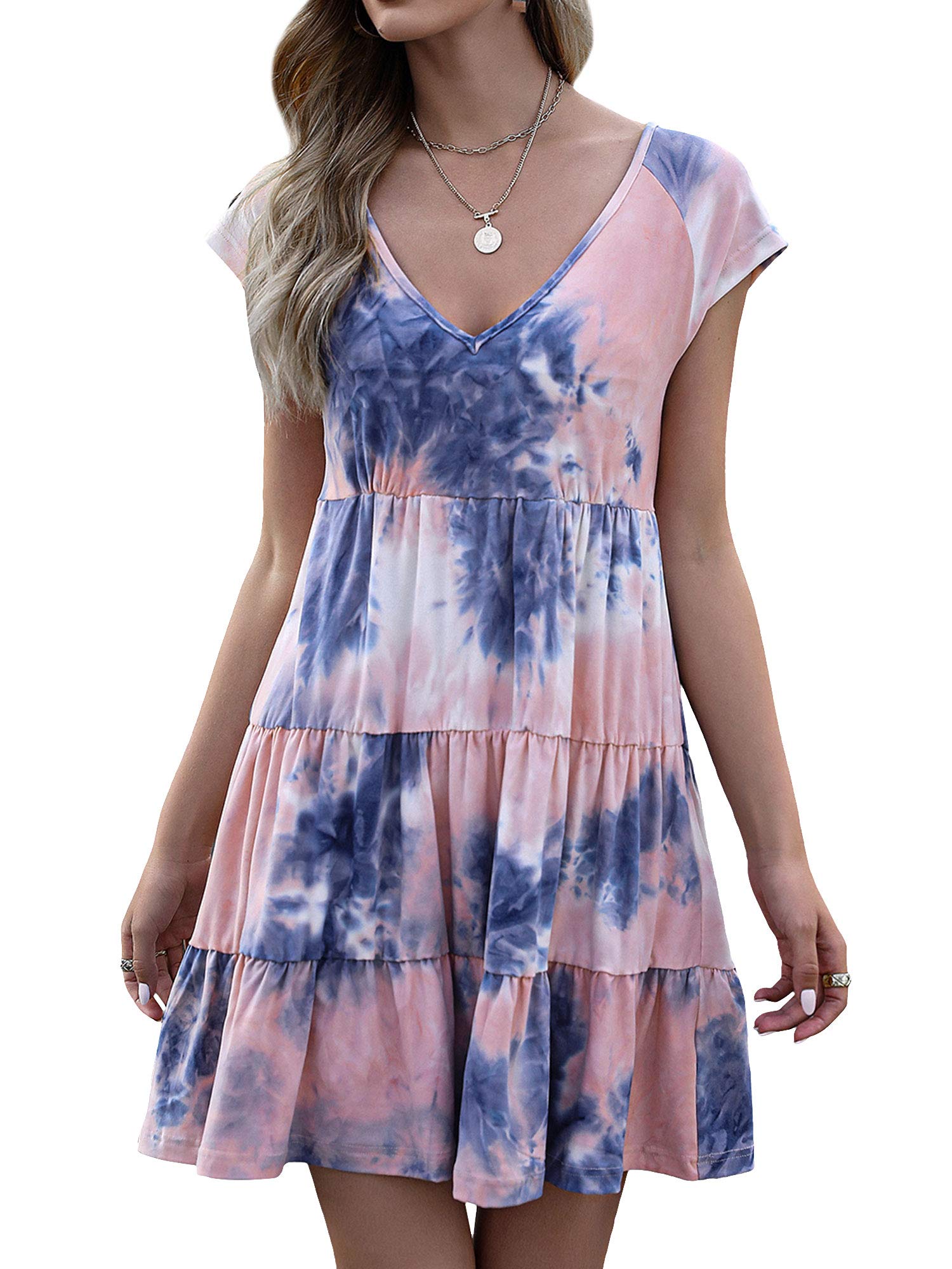 SNRC Women's Short Sleeve V-Neck Tie Dye Ruffled Hem Mini Dress - Stylish Summer Casual Dress for Beach, Party & Date Night (Pink)