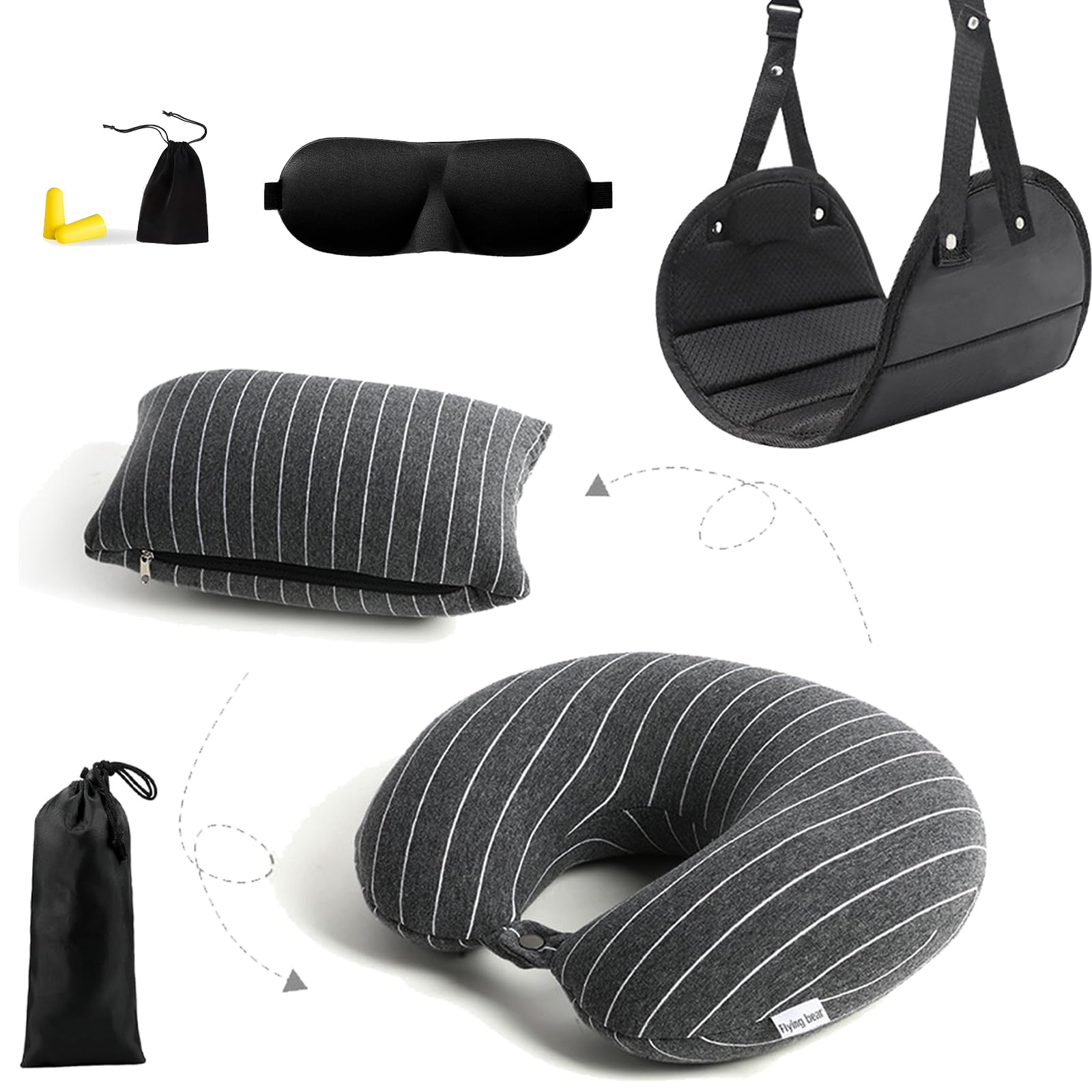 2-in-1 Travel Neck Pillow & Foot Hammock Set for Airplane - Ergonomic Support for Long Flights & Office Use - Perfect for Business Travelers & Commuters (Black)