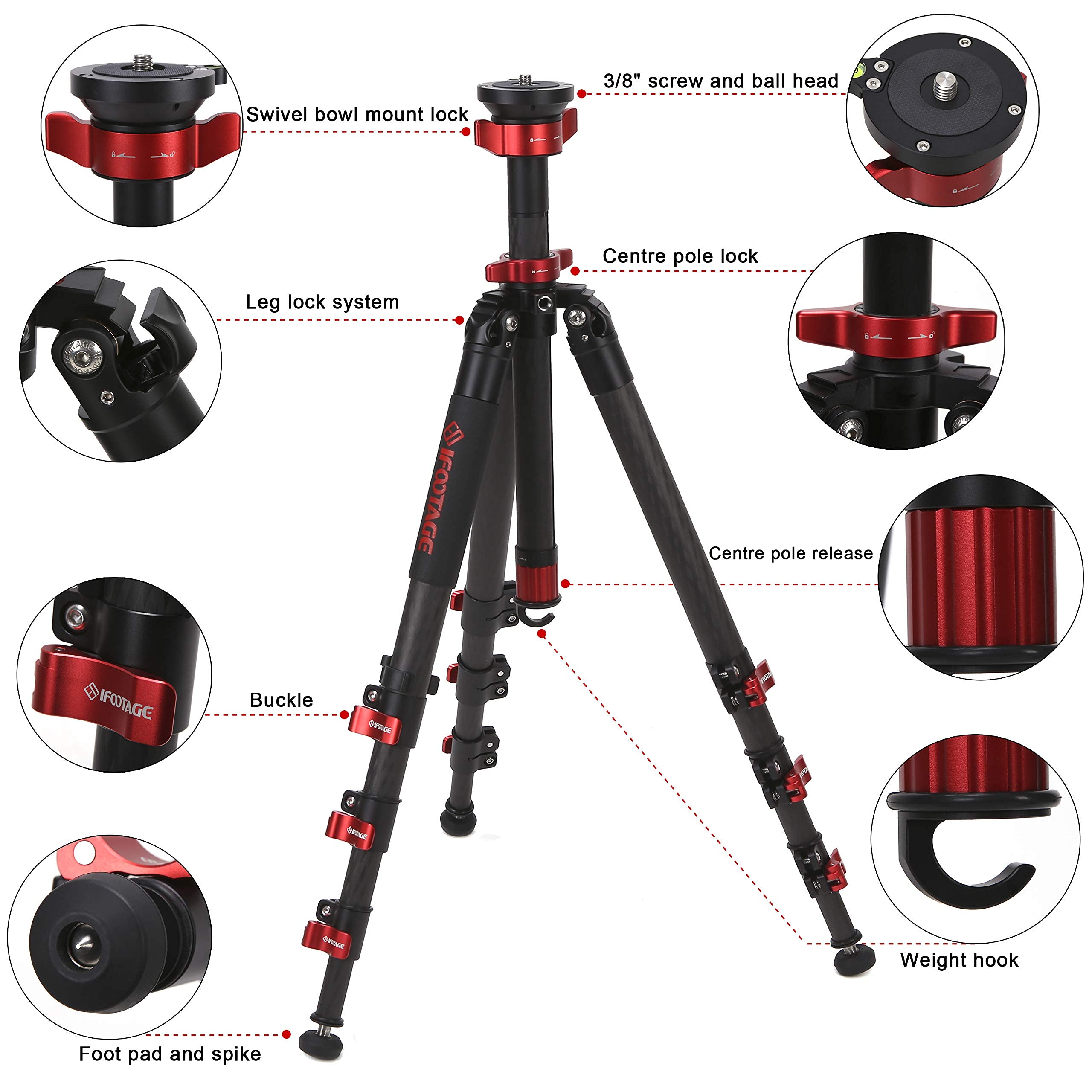 IFOOTAGE Carbon Fiber Tripod with Fluid Head - 13.2lbs Load for Travel & Video Shooting