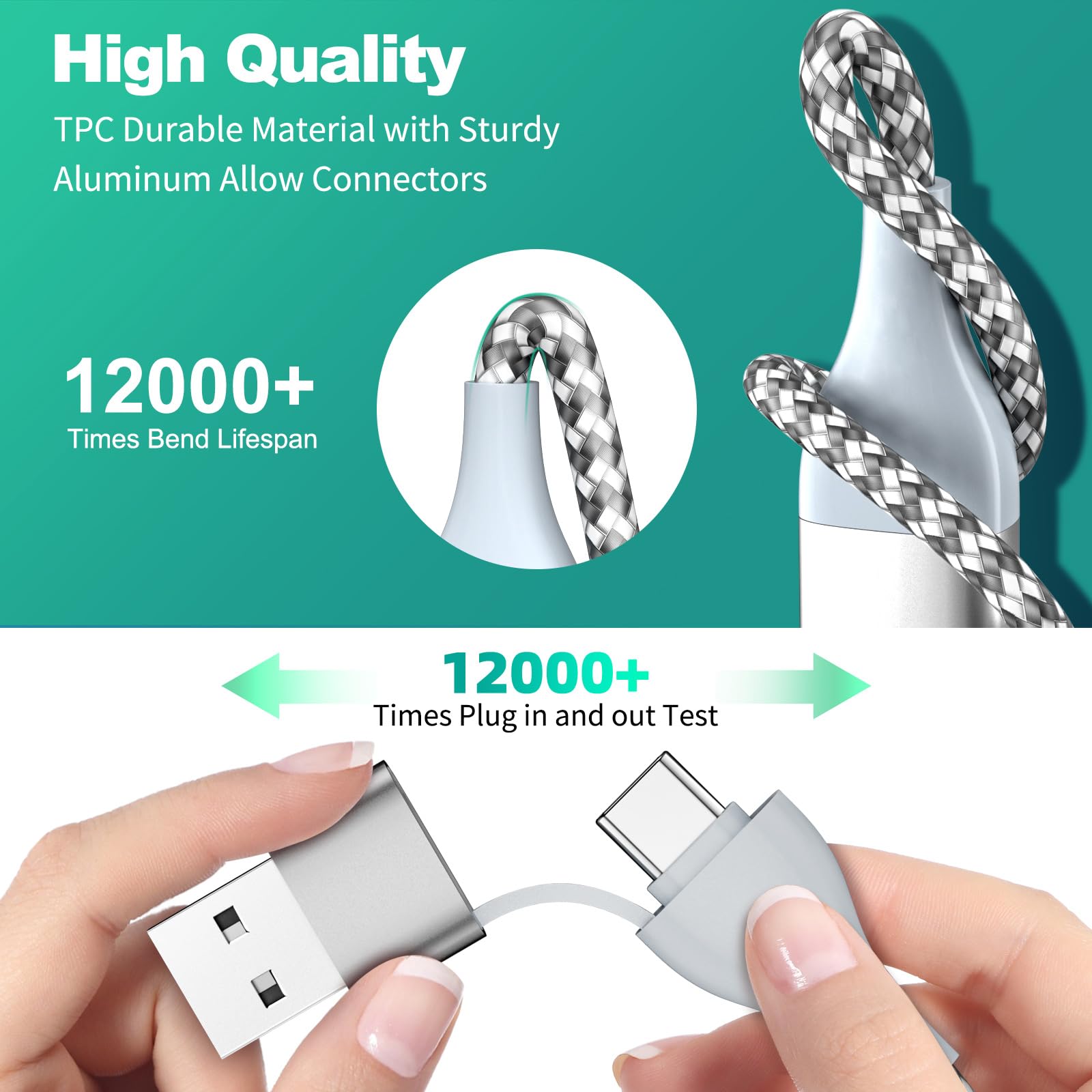 4-in-1 Magnetic Charging Cable for Apple Watch & iPhone - 6ft Nylon Braided Multi Charger with USB A/C Ports - Compatible with iPhone 15, Galaxy, Pixel - Perfect for Travel, Office & Home Charging