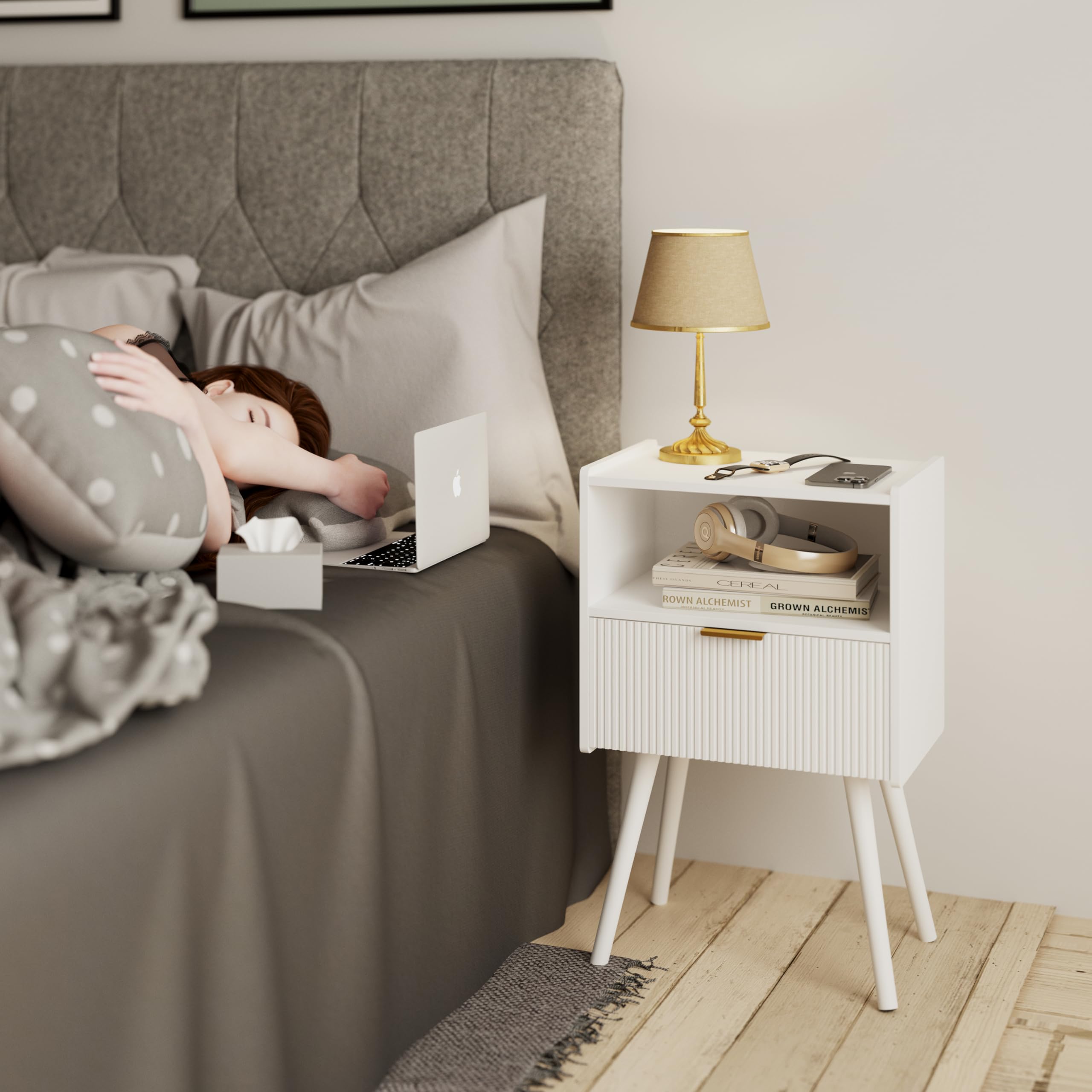 Modern White Nightstand with Storage Drawer & Open Shelf - Solid Wood Legs Bedside Table for Bedroom, Living Room & Small Spaces - Easy Assembly Classic Design - Perfect for Reading Nook, Guest Room & Apartment Decor
