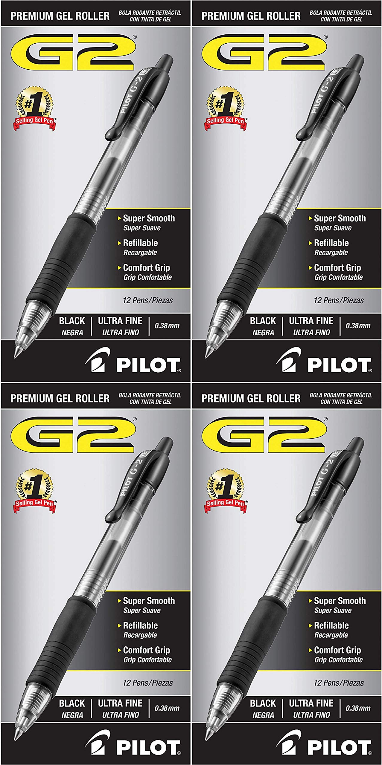 Premium PILOT G2 Retractable Gel Pens - Ultra Fine Point (0.38mm) Black Ink Refillable Rollerball Pens, 4-Pack of 12 Pens (31277) for Office, School, Note Taking & Gift Giving