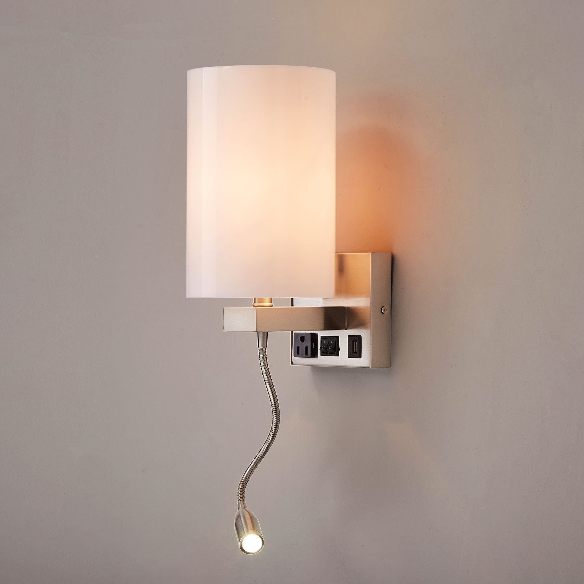 LEDMyplace Modern Swing Arm Wall Sconce Light - 120V LED Reading Light with USB Port & Outlet, Brushed Nickel Finish & White Acrylic Shade - Perfect for Bedroom, Living Room, Study & Office (Pack of 2)
