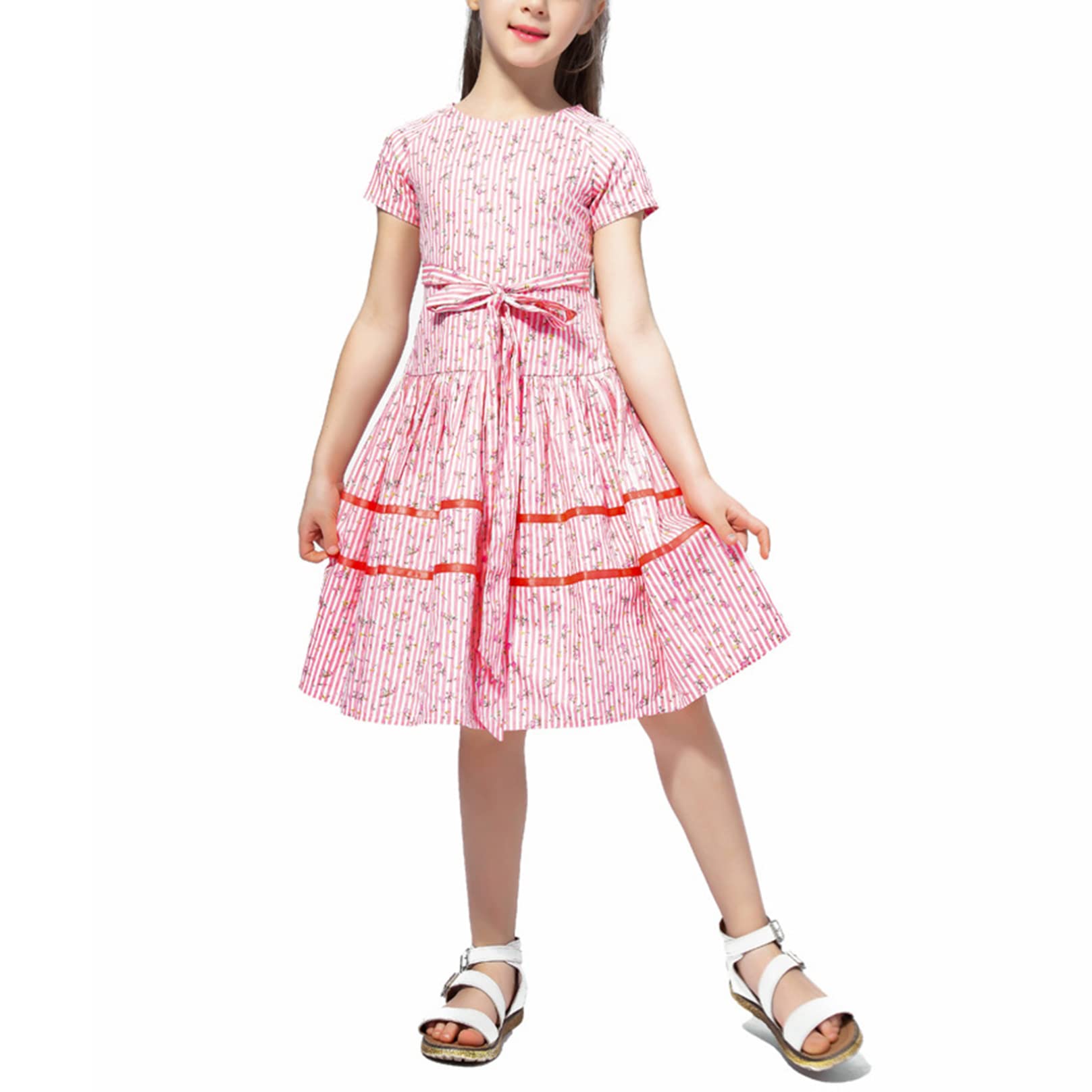Agoky Girls' Floral Print Short Sleeve Swing Dress - Spring Summer Casual Tunic Dress for Kids - Perfect for Outdoor Play, Birthday Parties & School Events